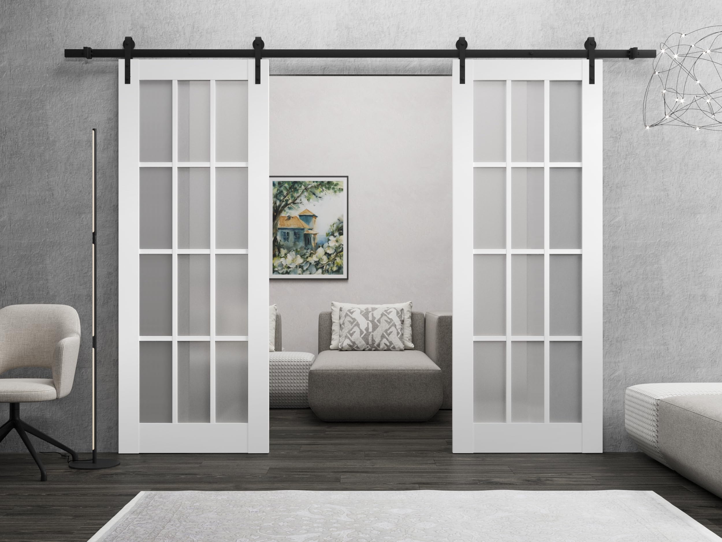 Sturdy 56x84 Inch Double Barn Door with Frosted Glass 12 Lites - Felicia 3312 Matte White | Top Mount 13FT Rail Hangers Heavy Duty Set | Solid Panel Interior Sliding Doors for Bedroom, Closet & Farmhouse Style Home Decor