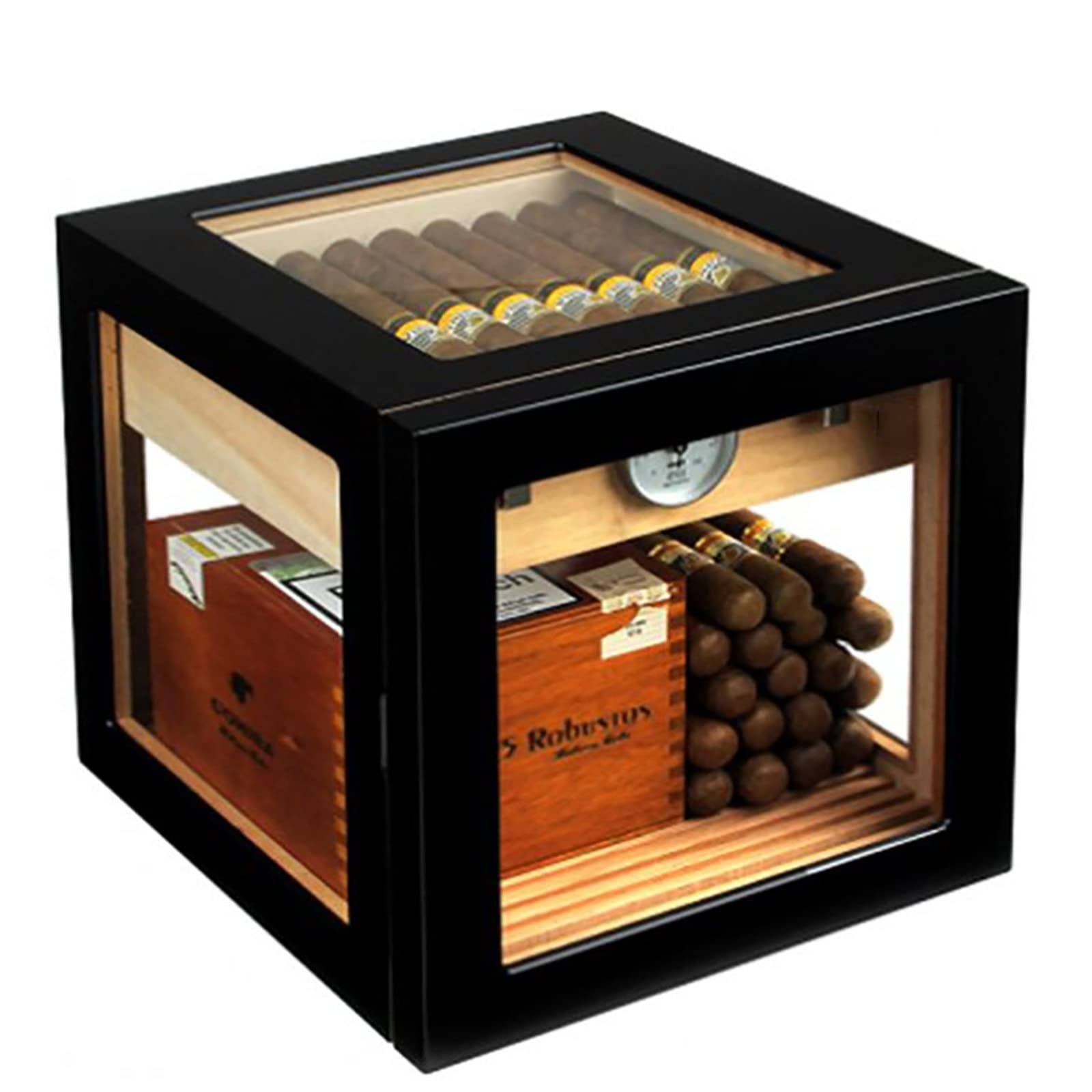 Premium Handmade Cedar Wood Cigar Box with Drawer & Glass Display - 5-Sided Cuban Cigar Case with Built-In Hygrometer - Holds 60-80 Cigars - Perfect Gift for Men (Black) - Ideal for Cigar Collectors & Aficionados at Home or Office