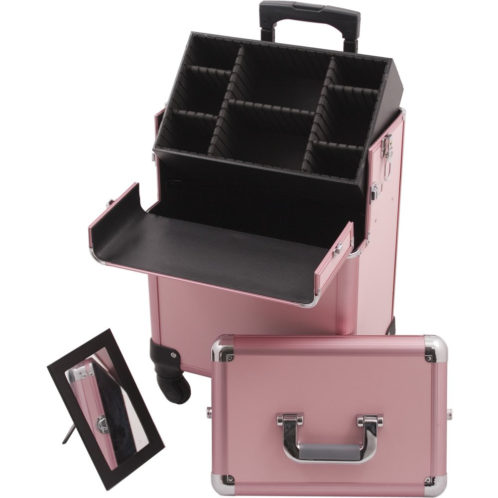 HIKER Professional Makeup Rolling Case HK6501 - 2 in 1 Hair Stylist Organizer with 3 Slide Drawers & Removable Tray | 4-Wheel Spinner Luggage with Lock, Mirror, Extra Lid & Shoulder Strap | Pink Matte Cosmetic Case for Travel & Salon Use