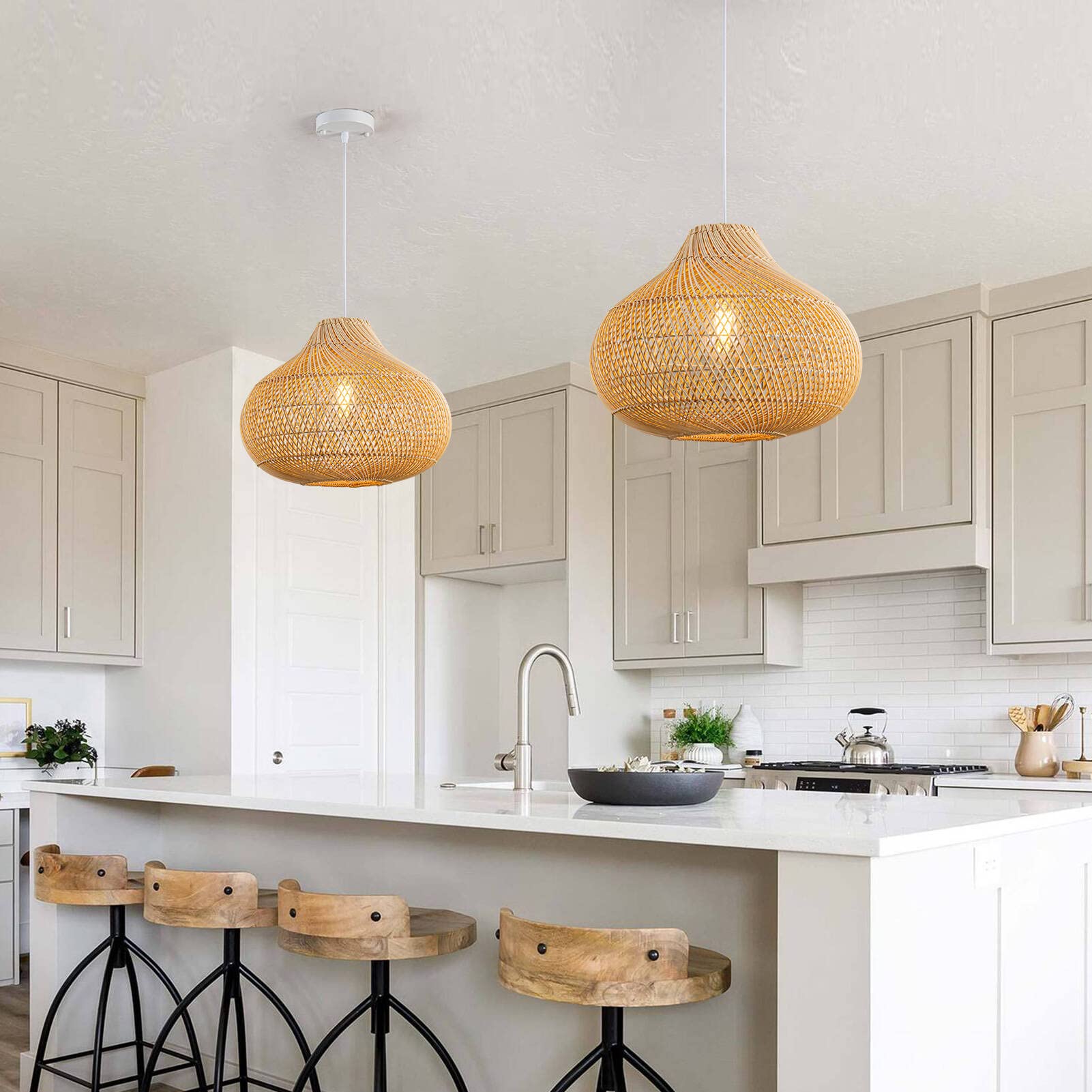 Hand-Woven Rattan Pendant Light - Large Boho Wicker Chandelier for Dining Room, Kitchen Island & Living Room | Natural Fiber Hanging Lamp for Farmhouse, Coastal & Bohemian Home Decor