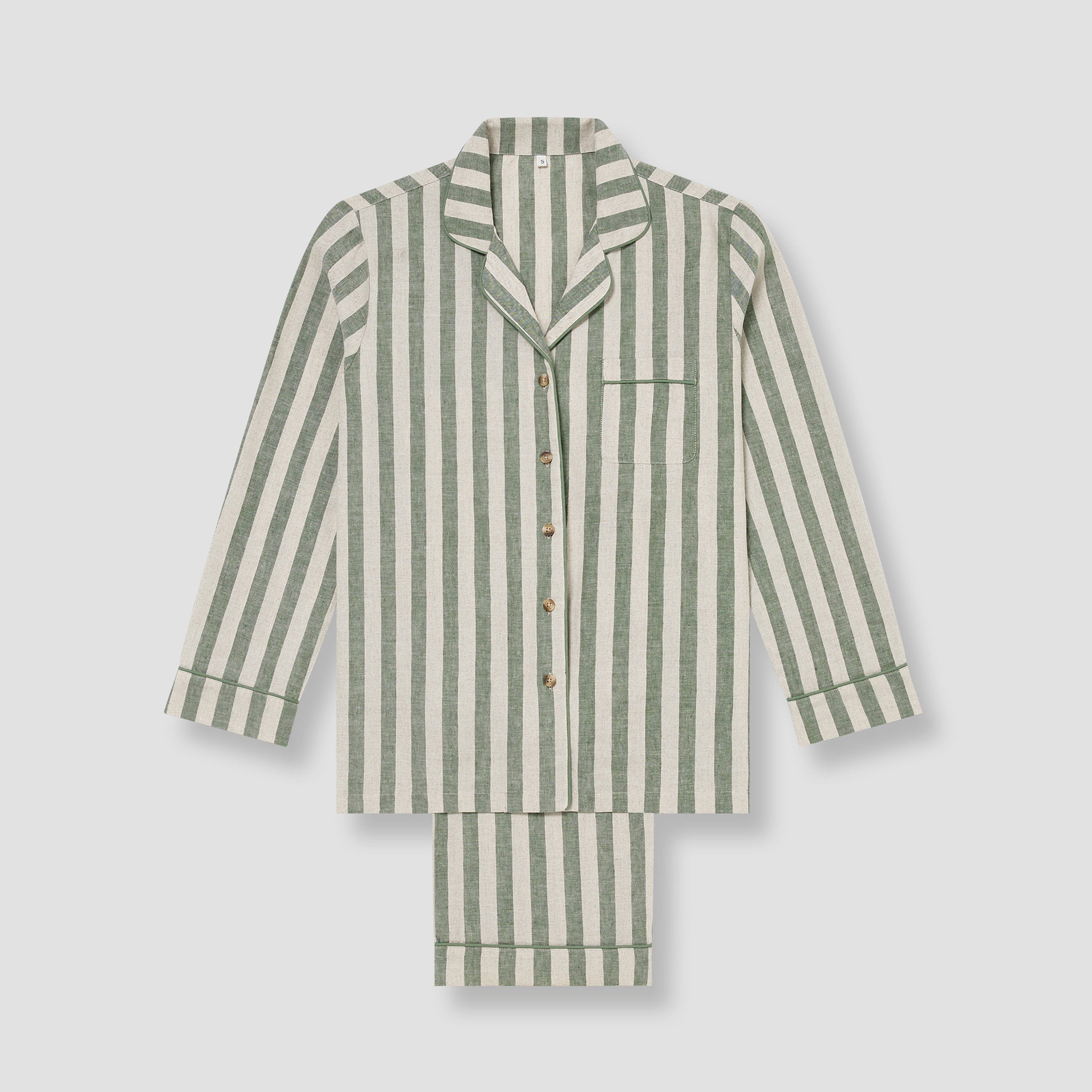 Fern Green Pembroke Stripe Linen Blend Pajama Set - Soft & Breathable Women's Sleepwear for Relaxing at Home or Traveling