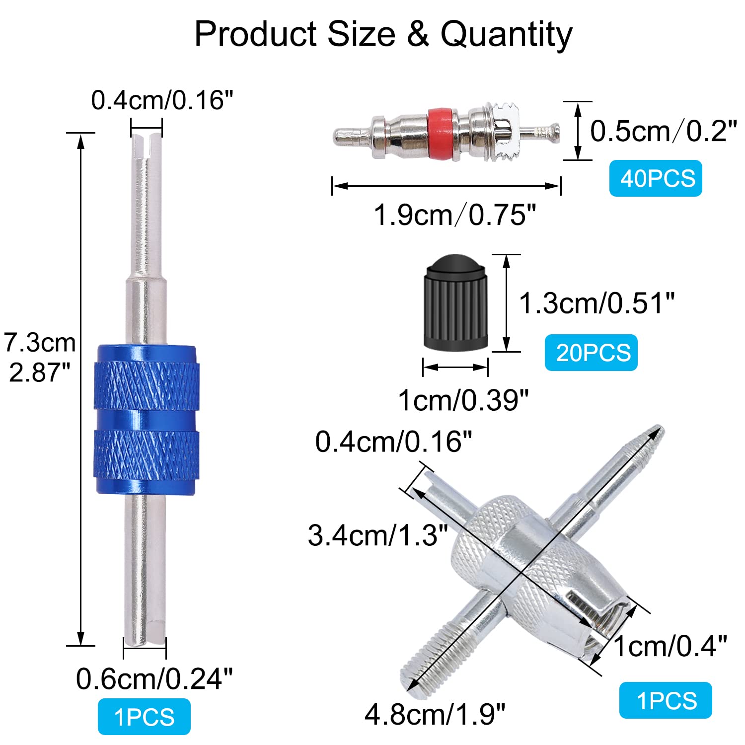 64PCS Tire Valve Stem Removal Tool Kit - 40PCS Valve Cores, 20PCS Caps, 4-Way Valve Tool & Dual Head Remover for Car, Bike, Motorcycle Tire Repair & Maintenance
