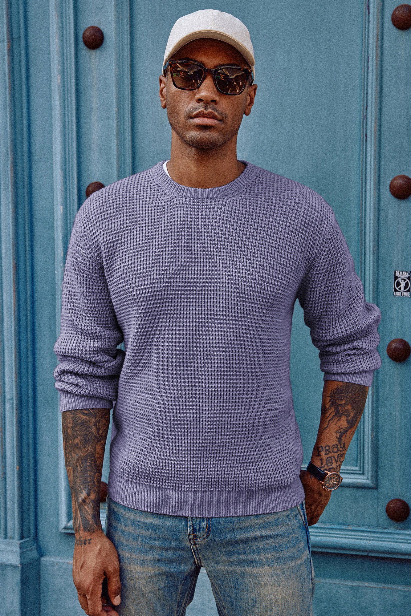 Men's Waffle Knit Crewneck Pullover Sweater - Soft Long Sleeve Textured Sweater for Casual Wear, Fall & Winter Layering, Office & Weekend Outfits