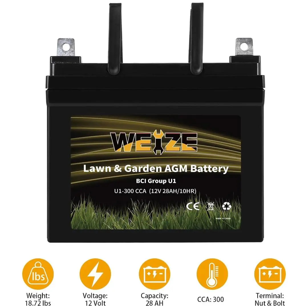 WEIZE AGM 12V 300CCA BCI Group U1 SLA Starting Battery - Compatible with John Deere, Toro, Cub Cadet & Craftsman Lawn Tractors & Mowers | Durable Power for Lawn Care, Gardening & Outdoor Equipment