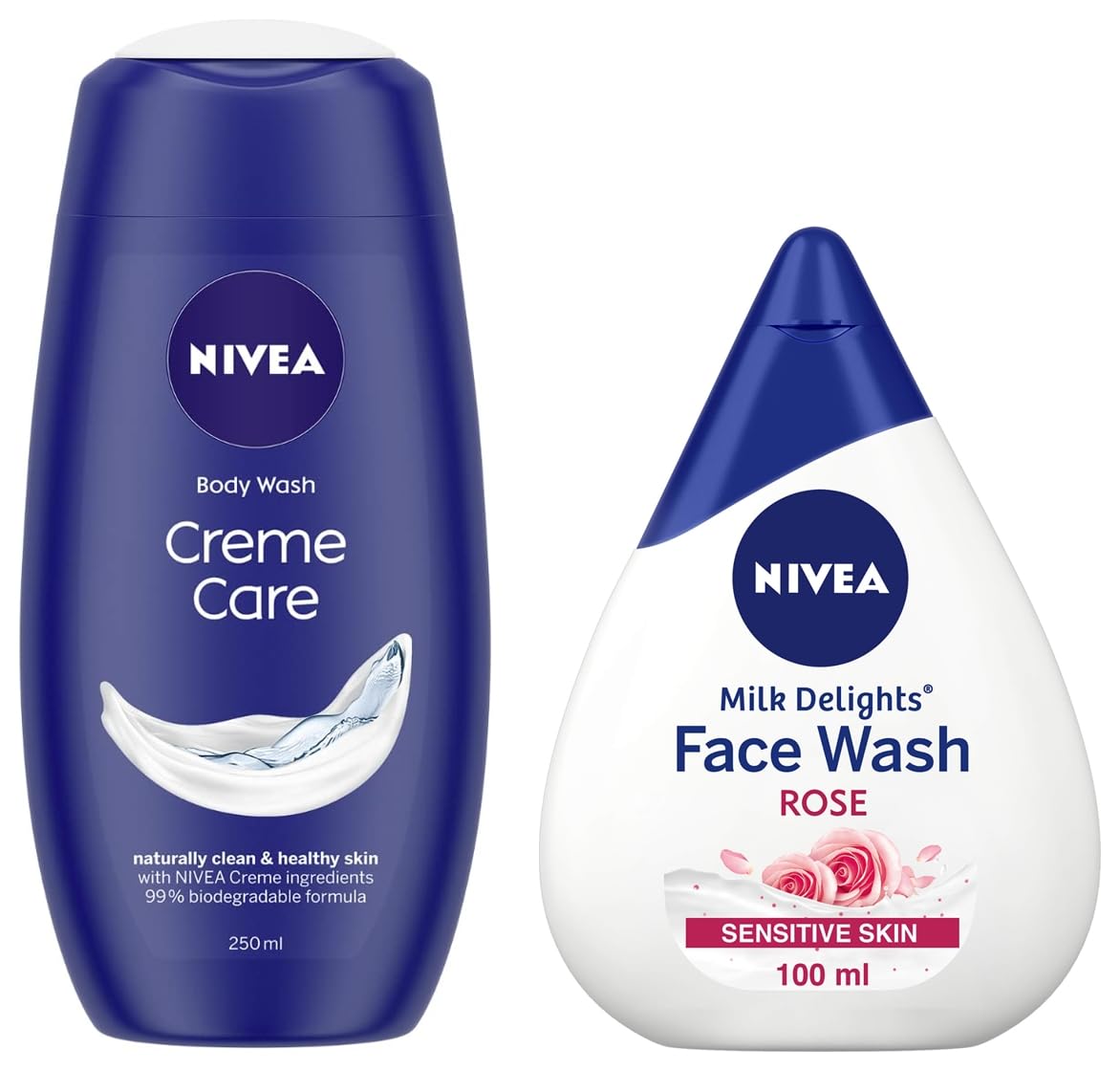 Nivea Sensitive Skin Face Wash & Creme Care Body Wash Set - Milk Delights Rose 100ml & 250ml for Women | Gentle Cleansing for Daily Skincare & Shower Routine