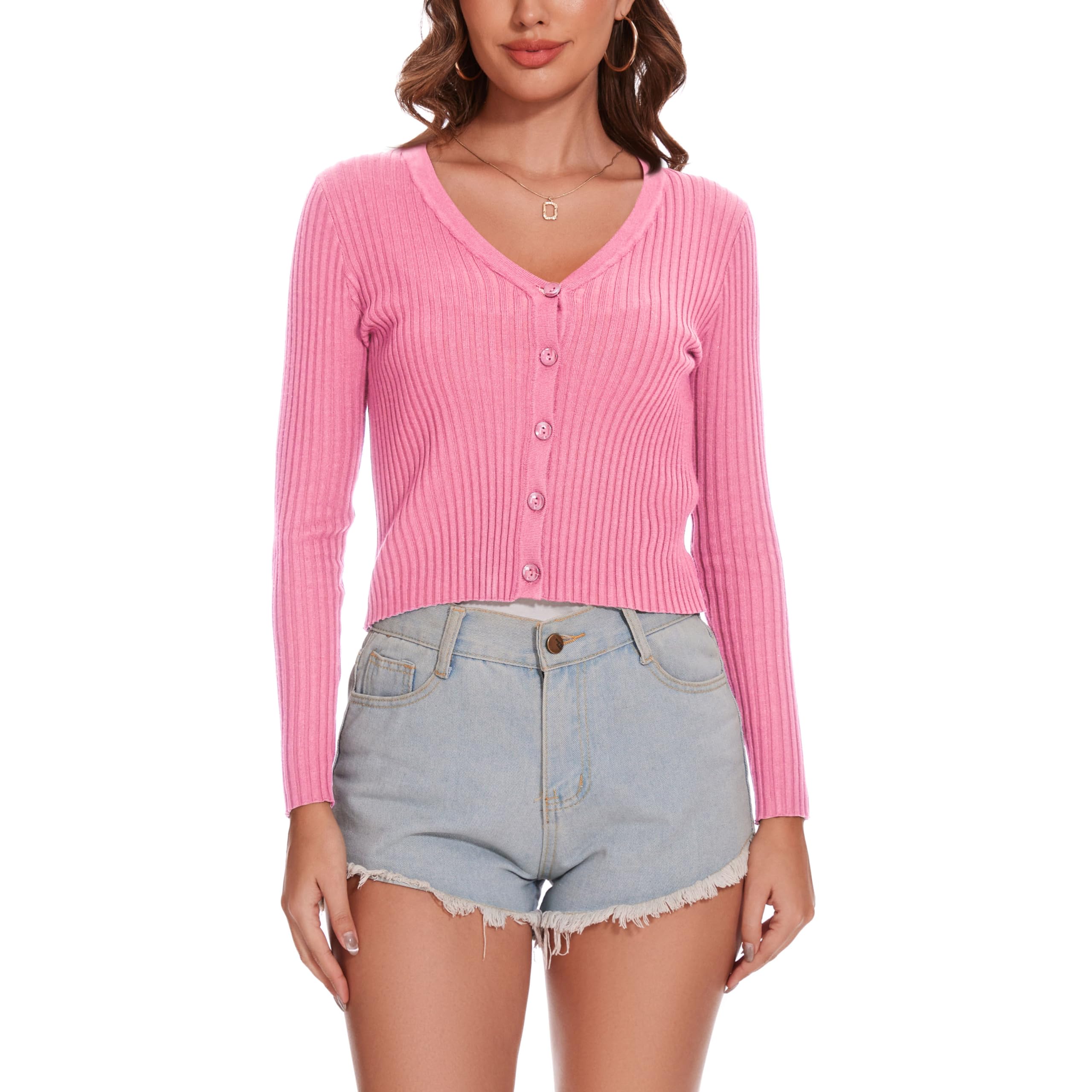 Women's Cropped V-Neck Cardigan - Long Sleeve Button Down Ribbed Knit Sweater Shrug | Perfect for Office Wear, Date Nights & Casual Outfits