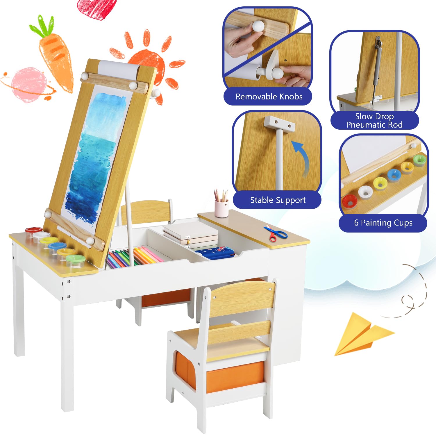 Kinder King 3-in-1 Kids Art Table & Easel Chair Set - Wooden Children's Activity Table with 6 Storage Bins, Paper Roll & Paint Cups - Perfect for Playroom, Homeschooling & Creative Learning (Natural Wood)