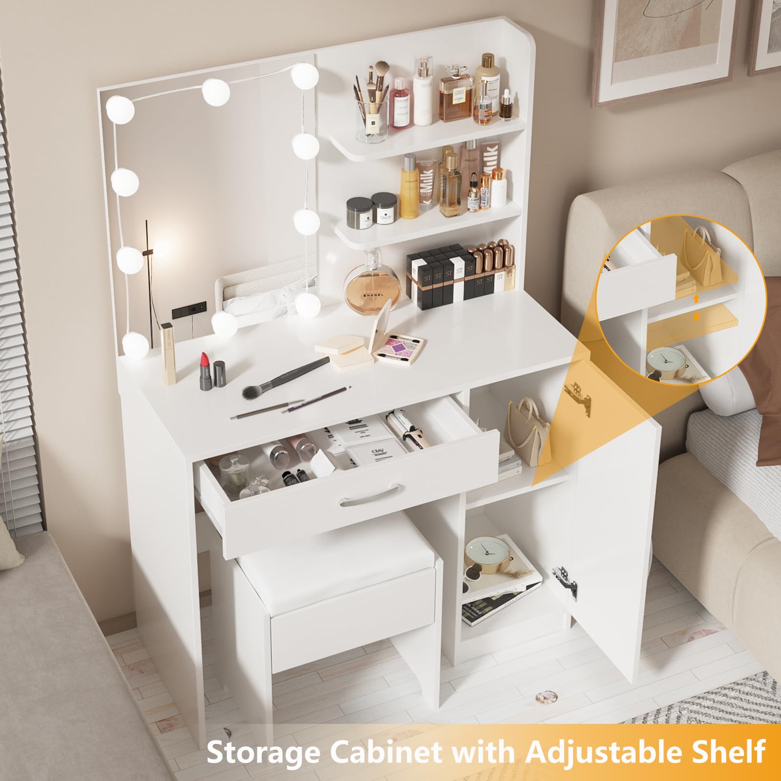 Professional Makeup Vanity with LED Lights - Adjustable Brightness & 3 Lighting Modes, Large Mirror & Storage Drawers - White Dressing Table for Bedroom | Perfect for Beauty Routines & Home Decor