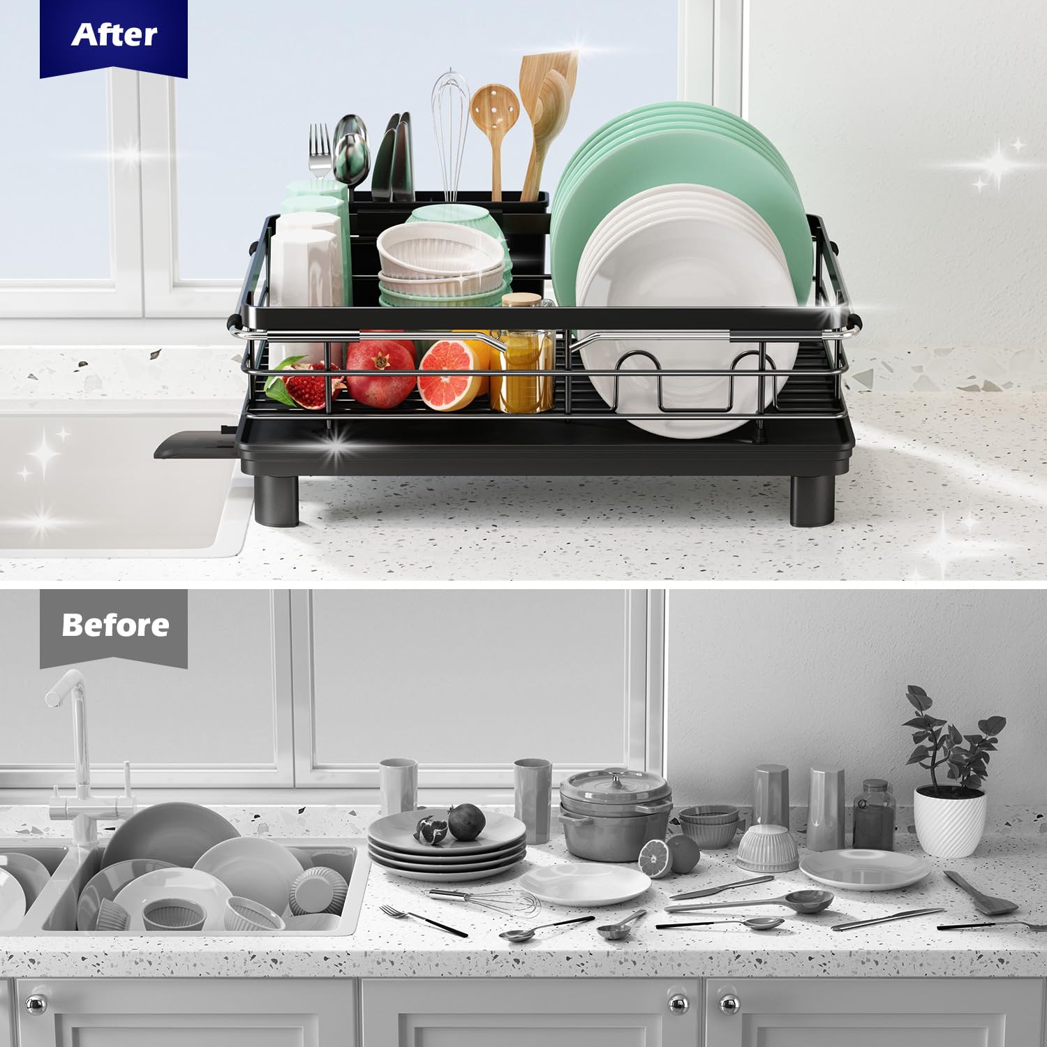 MAJALiS Stainless Steel Dish Drying Rack - Dual Use Kitchen Counter & Sink Organizer with Drain Board & Cutlery Holder (11