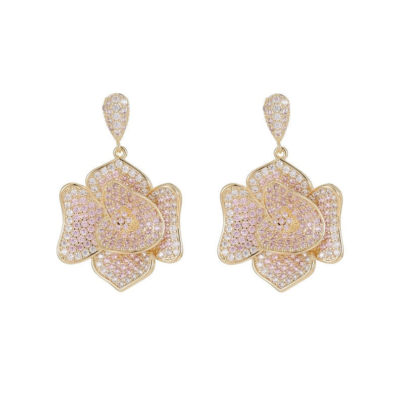Elegant Cubic Zirconia Flower Earrings for Women - 3D Camellia Stud Earrings for Wedding, Birthday Party & Special Occasions - Perfect Bridal Jewelry & Gift Idea