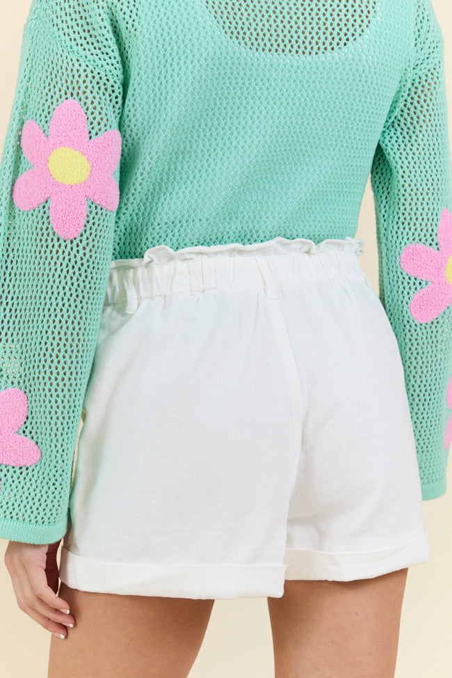 Stylish Off-White Ruffled Waist Denim Shorts for Women - Perfect for Summer Outfits, Beach Vacations & Casual Wear