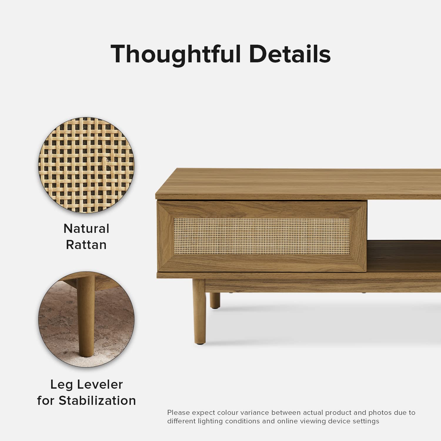 Haylee Coffee Table - Modern Boho Farmhouse Style Natural Rattan Living Room Table with Storage Shelf, Small Center Table for Living Room, Bedroom, or Office (Oak Finish) - Perfect for Coffee, Books, and Decor Display