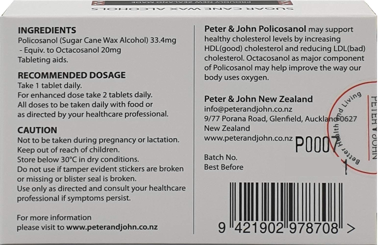 Peter&John Policosanol 33.4mg 60 Tablets - Natural Cholesterol Support Supplement for Heart Health | Maintain Healthy Cholesterol Levels | Daily Wellness for Adults (1 Pack) - Perfect for Heart-Conscious Individuals & Active Lifestyles