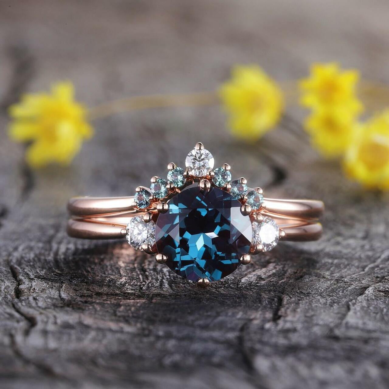 Tanzanite Engagement Ring Set for Women - Rose Gold Three Stone Bridal Ring - Perfect Wedding, Anniversary & Proposal Gift - Elegant Jewelry for Special Occasions