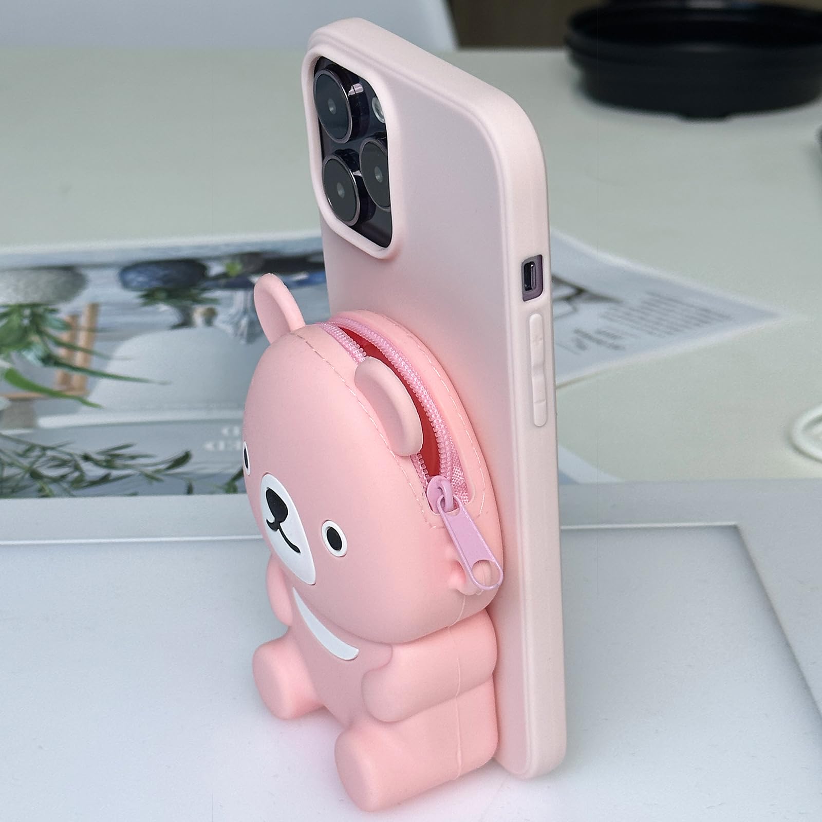 UnnFiko Cute 3D Cartoon Bear Wallet Phone Case for iPhone 12 Pro Max - Soft Silicone Protective Cover with Card Holder & Stand - Perfect Gift for Women & Girls (Pink) | Ideal for Daily Use, Shopping & Travel