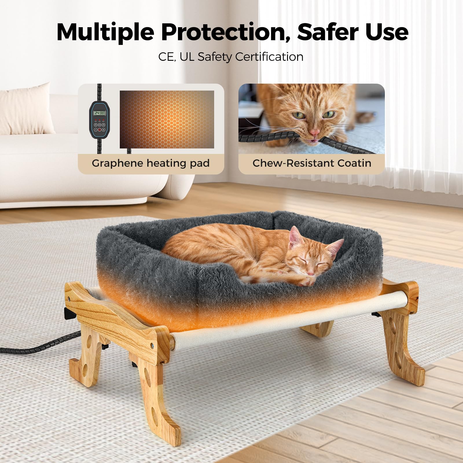 Warm Wooden Cat Window Perch with Removable Heating Pad - Adjustable 24H Timer Cat Hammock & Wide Cushion - Easy Clean Cat Bed for Windowsill, Bedside, Desk (Perfect for Winter Napping & Sunny Lounging)