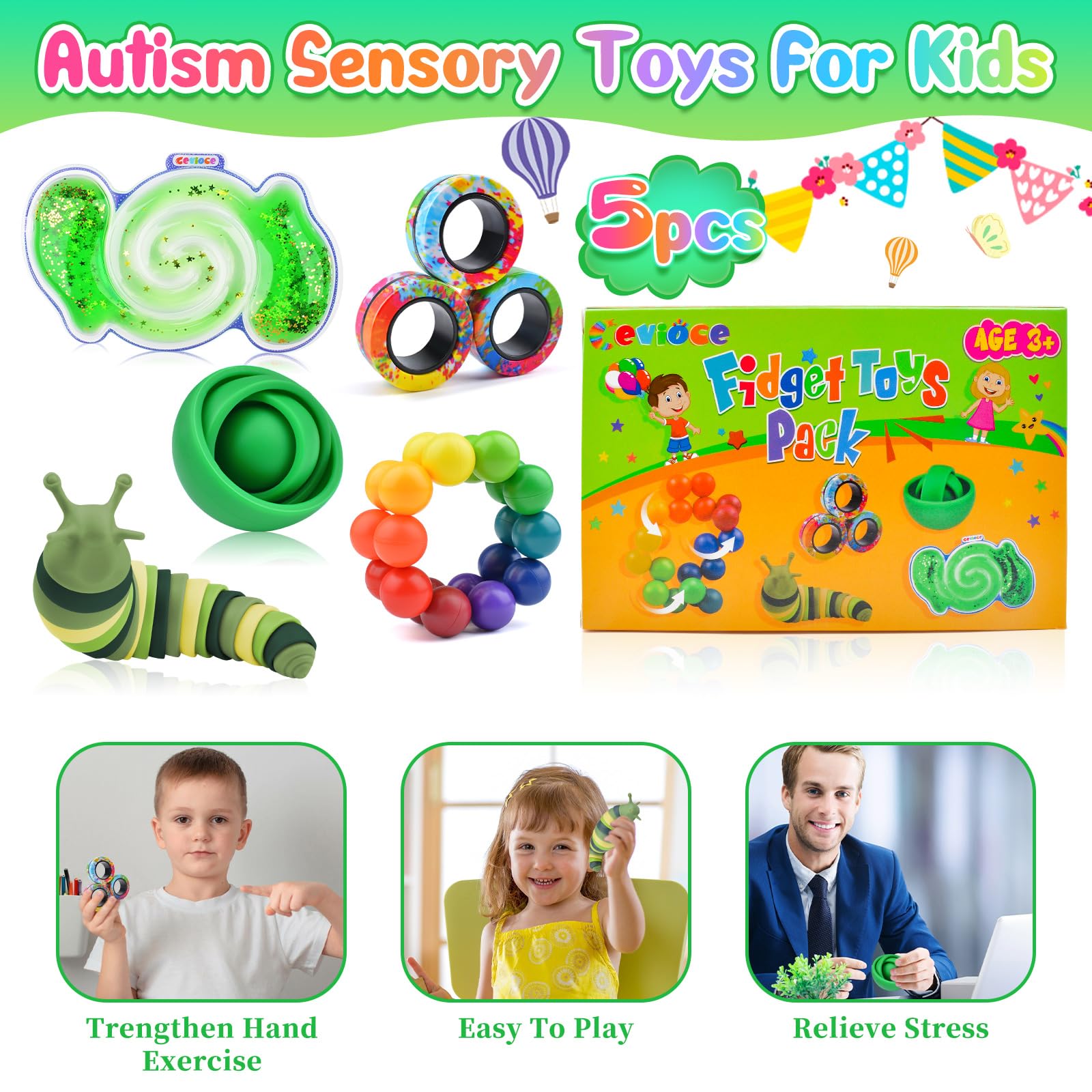Cevioce 5Pcs Stress Relief Fidget Toys Set for Adults & Kids - ADHD Sensory Toys with Spinner, Slug Magnetic Rings & Squishy Toys - Easter Basket Stuffers, Party Favors, Autism Therapy & Classroom Sensory Tools