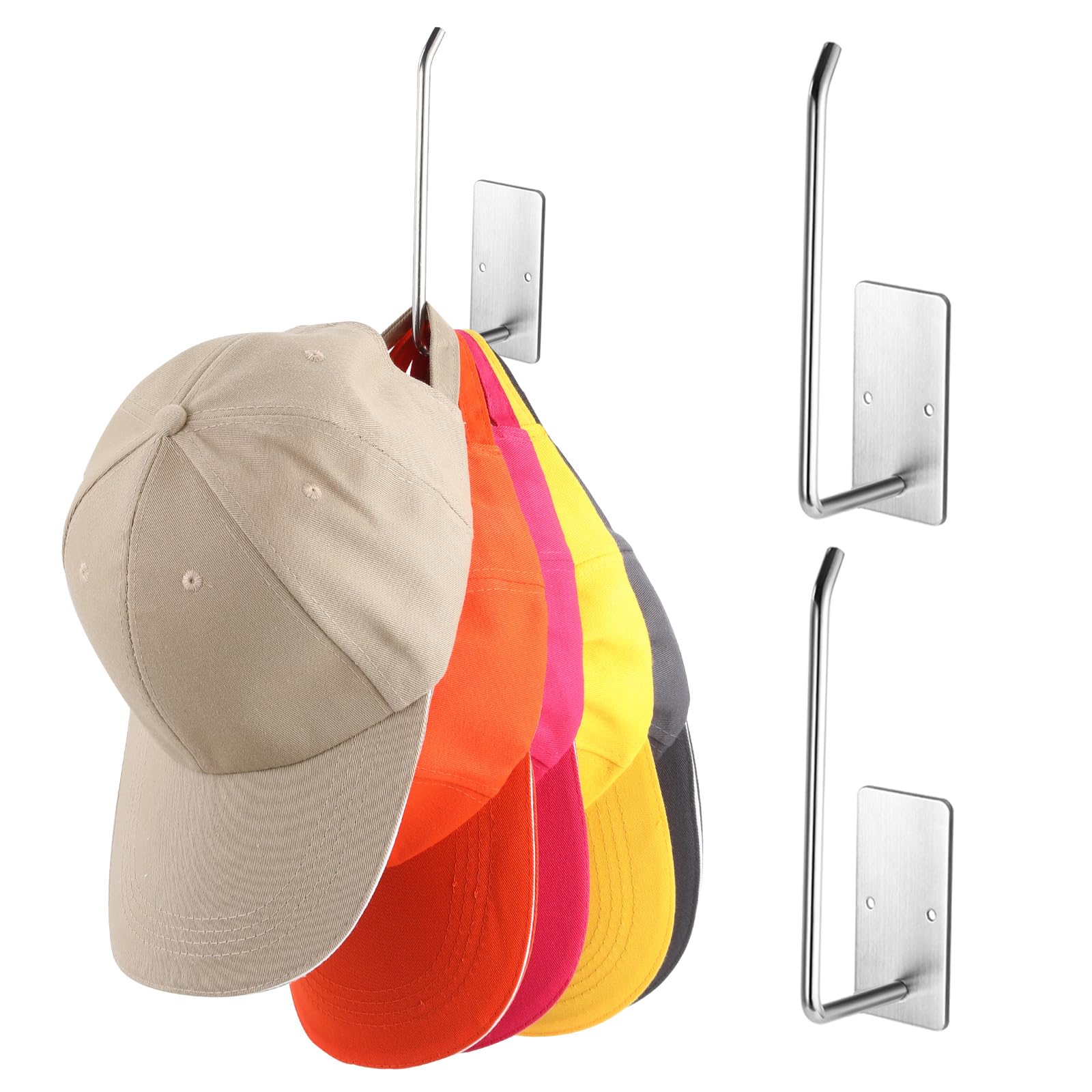 2 Pack Stainless Steel Wall Mount Hat Rack Organizer - Baseball Cap Hooks Holder for Closet & Bedroom Storage (Gloss Silver, Rectangular) | Space-Saving Solution for Caps, Hats & Accessories