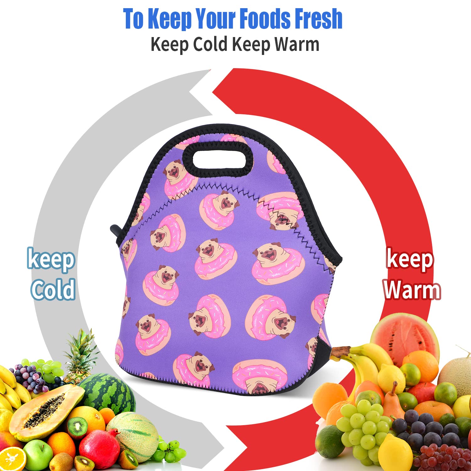 **Violet Mist Insulated Neoprene Lunch Bag for Women & Men - Cute Pug Dog Design, Reusable, Waterproof & Thermal Food Container - Perfect for Work, Travel, Picnics & School - Great Gift for Dog Lovers**