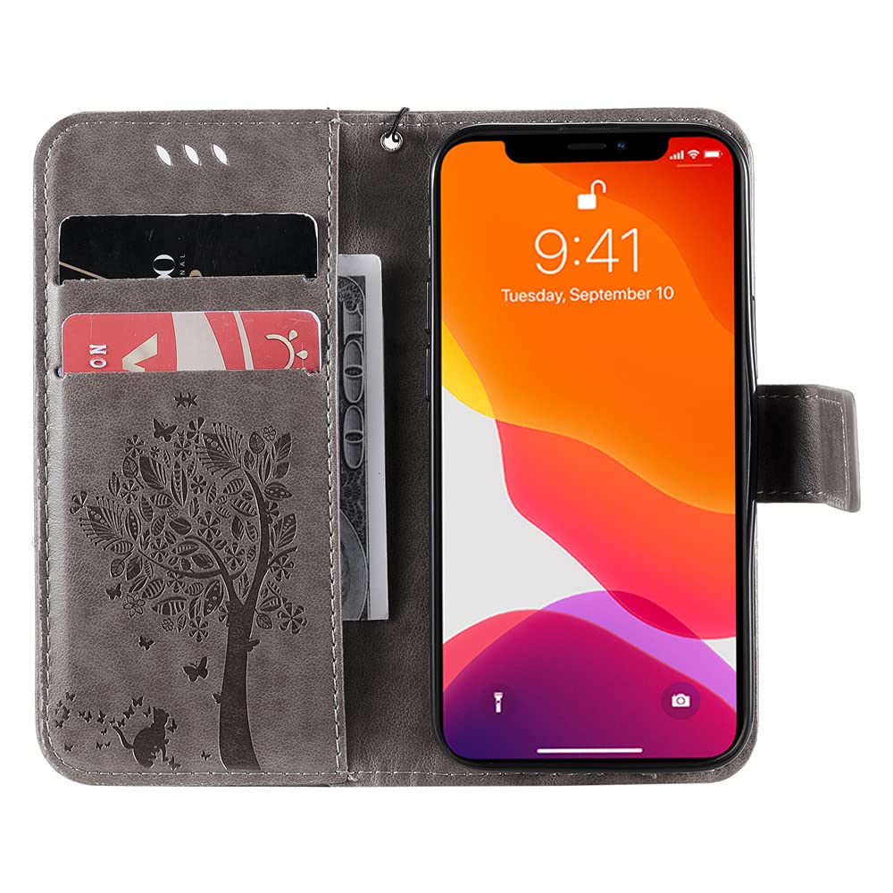 iPhone 13 Mini Wallet Case with Kickstand & Card Holder - Cute Butterfly Cat Embossed PU Leather Protective Cover for iPhone 13 Mini 5.4 Inch (Wish Tree Gray) | Perfect for Everyday Use, Travel & Hands-Free Viewing