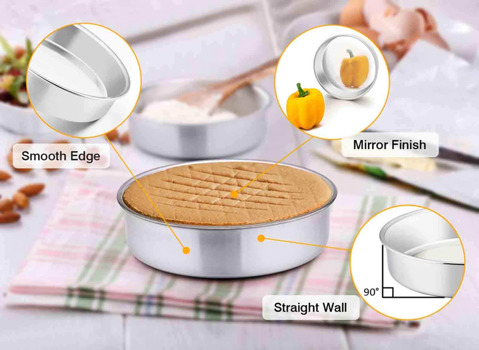 TeamFar 8 Inch Round Cake Pan Set - 4 Piece Stainless Steel Baking Pans for Cakes, Steaming & Oven Use | Mirror Finish, Dishwasher Safe & Durable | Perfect for Birthday Cakes, Wedding Tiers & Pressure Cooker Baking
