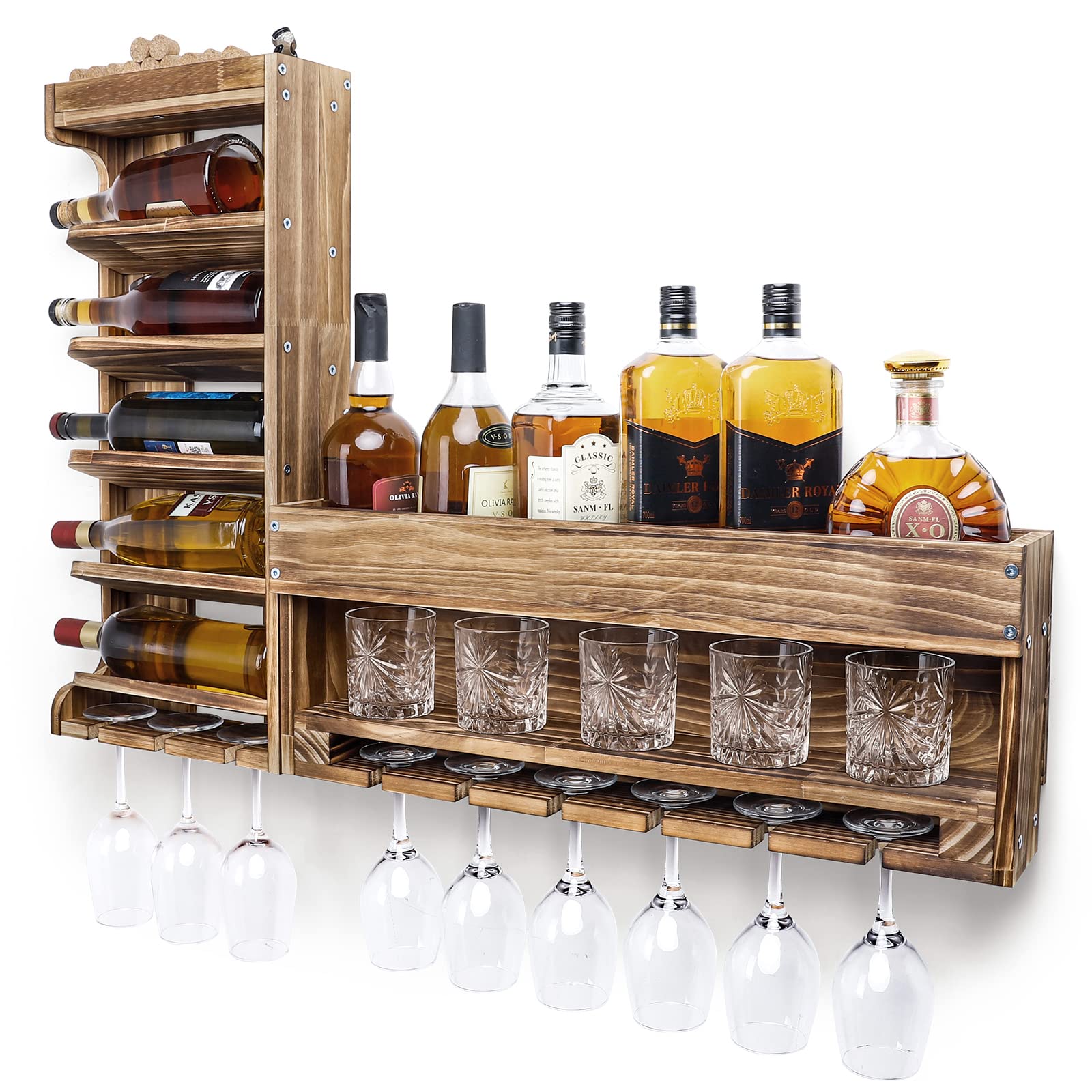 Wall Mounted Wood Wine Rack with Bottle & Stemware Holder - Rustic Whiskey Display Storage with Cork Compartment for Home Bar, Kitchen Decor | Perfect for Wine Enthusiasts & Entertaining Guests