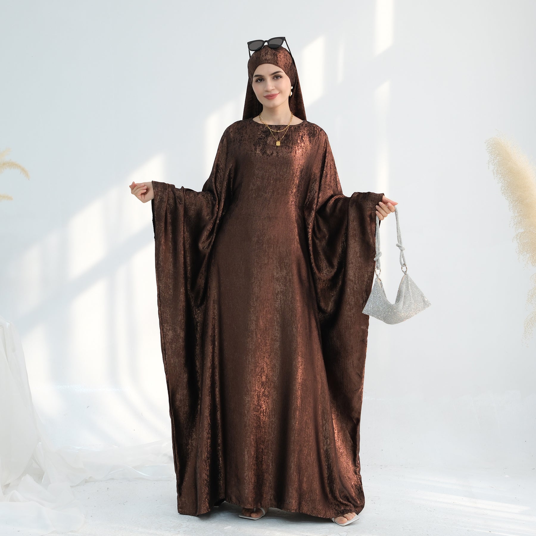 Linora Shimmer Butterfly Abaya - Elegant Brown Islamic Dress for Women | Perfect for Prayer, Eid, and Special Occasions