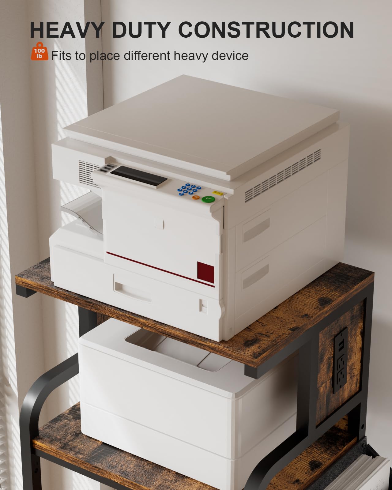 4-Tier Adjustable Printer Stand with Storage Shelf & Wheels - Large Printer Table with Charging Station for Home Office - Perfect for 3D Printer, Shredder, Scanner & Fax Machine - Ideal Workspace Organizer for Small Office & Home Use