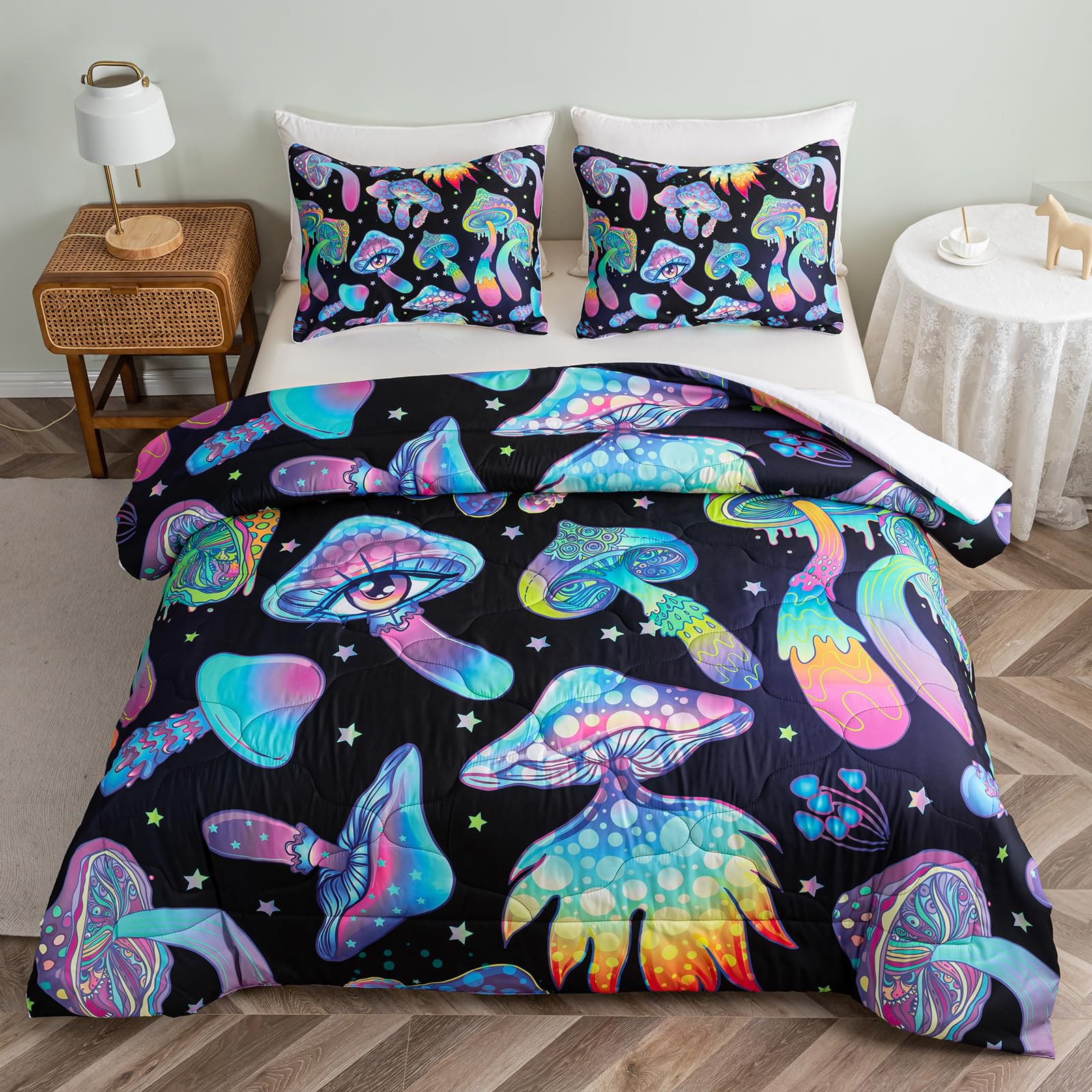 Cute Kids Mushroom Bedding Set - 3PC Mushroom Queen Comforter Set with 1 Comforter & 2 Pillowcases | Cartoon Weirdcore Decor | Soft & Cozy Nursery Bedding for Girls' Room, Toddler Bed, Sleepover Fun