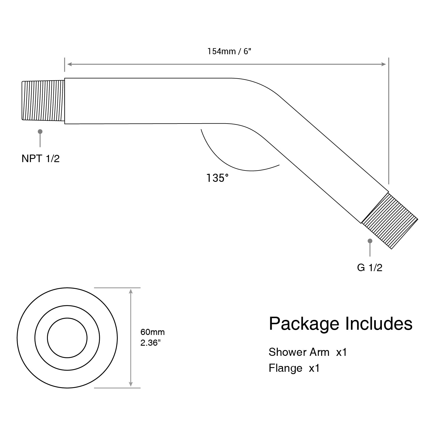 6 Inch Brushed Nickel Shower Arm - Angled Shower Head Extension Pipe with Flange, Stainless Steel Curved Shower Neck for Wall Mounted Rain Shower - Perfect for Bathroom Renovation & Spa-Like Shower Experience