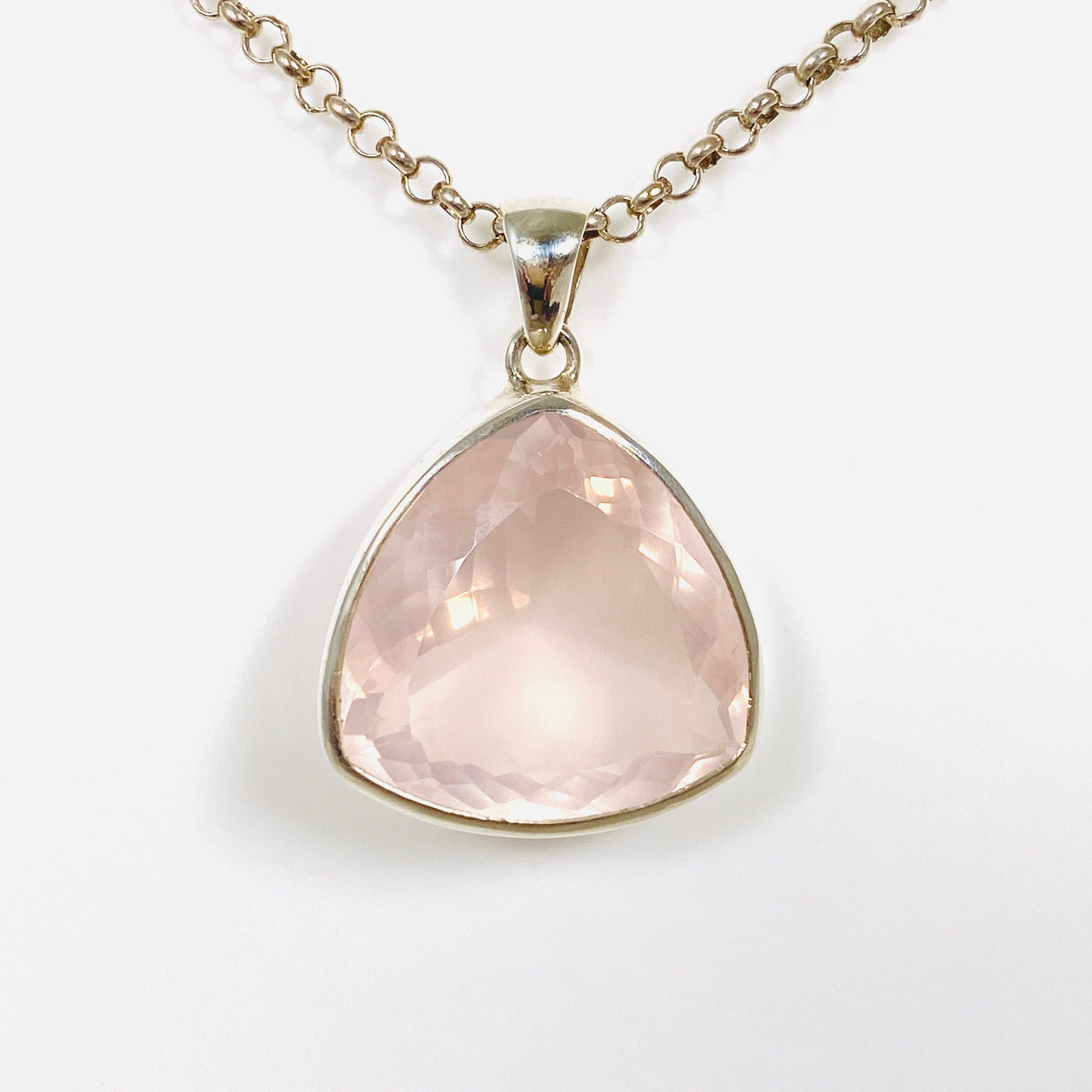 Rose Quartz Faceted Triangular Pendant Necklace KPGJ3995 - Elegant Healing Crystal Jewelry for Women, Meditation & Spiritual Gifts