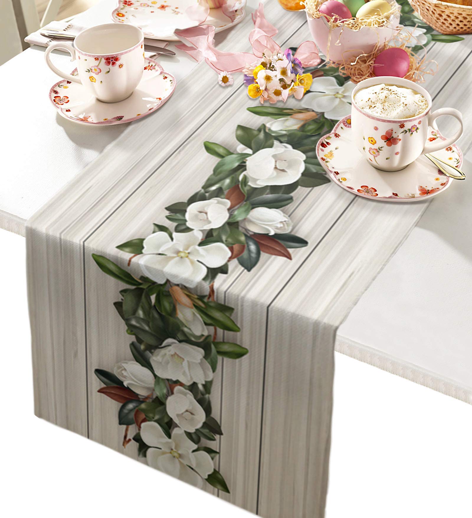 Floral Burlap Linen Table Runner 13x108 Inch - Rustic Magnolia Flower Wood Grain Design for Kitchen, Dining Table Decor | Perfect for Weddings, Bridal Showers & Daily Home Decor