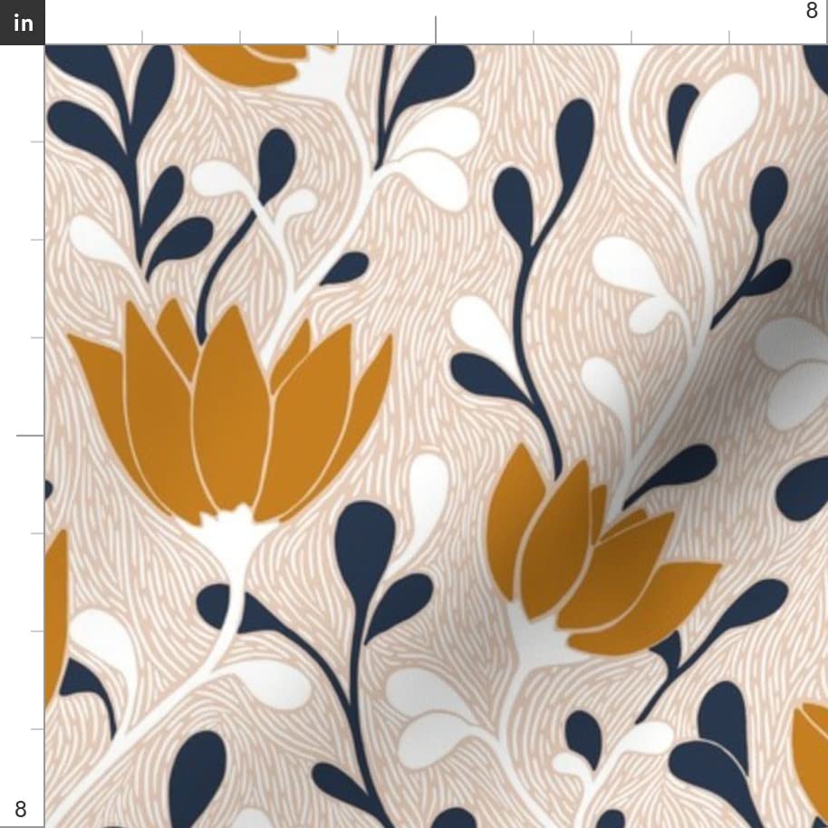Premium Organic Cotton Sateen Fabric by The Yard - White Floral Navy Mid-Century Modern Print for Sewing, Quilting, Apparel & Home Decor | Perfect for DIY Projects, Curtains, Pillows & Upholstery