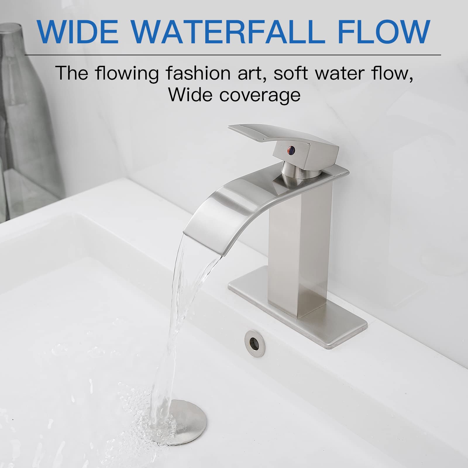 BWE Brushed Nickel Waterfall Bathroom Faucet - Single Handle Vanity Sink for Modern Bathrooms