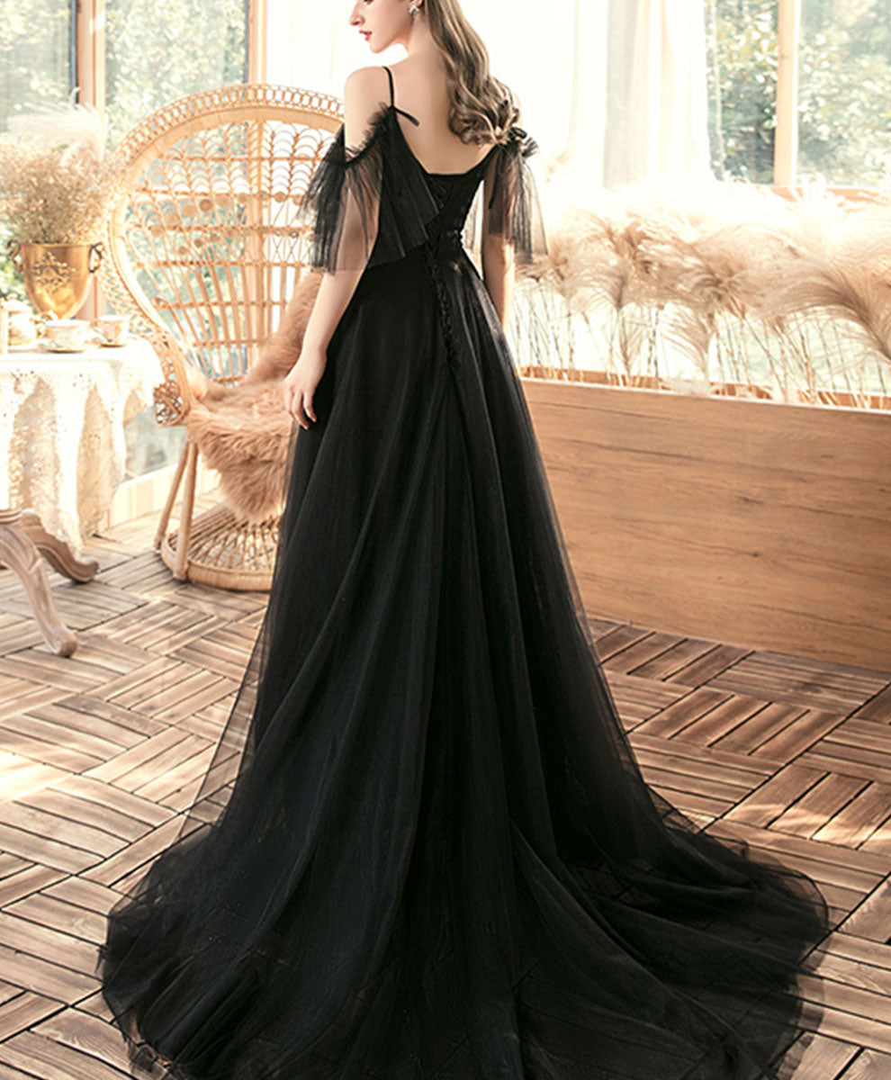 Elegant Black V-Neck Tulle Lace Long Prom Dress for Evening Gala & Formal Events | Perfect for Homecoming, Wedding Guest & Special Occasions