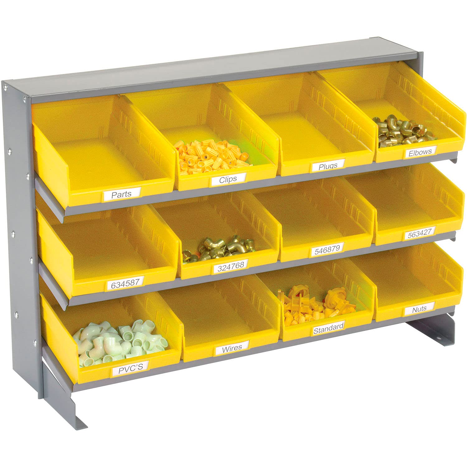 Global Industrial 3-Shelf Utility Bench Rack with 12 Yellow Storage Bins (8