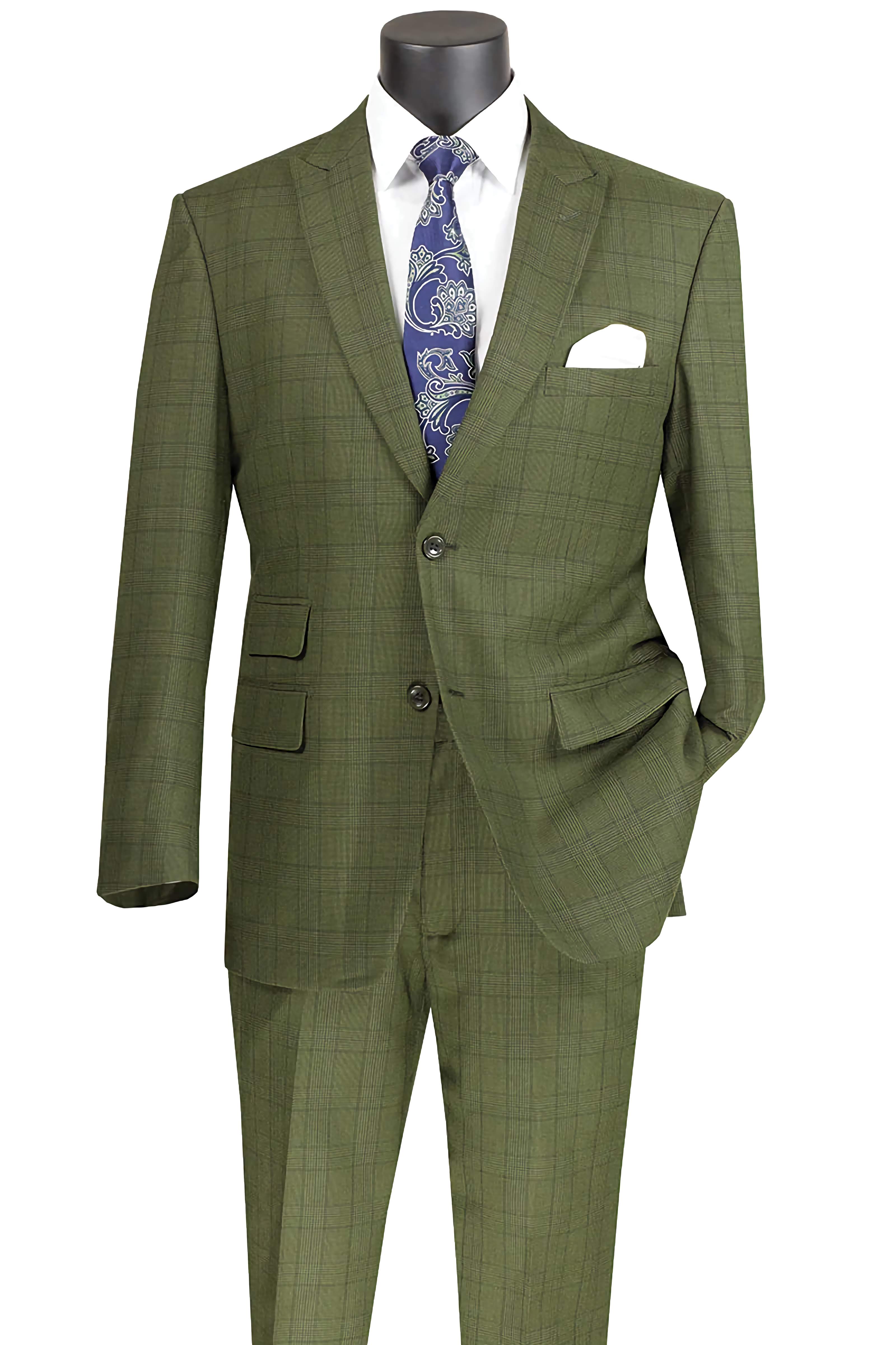 Concord Collection Modern Fit Windowpane 2-Piece Suit in Olive | Slim Fit Business Suit for Men | Perfect for Office, Weddings & Formal Events