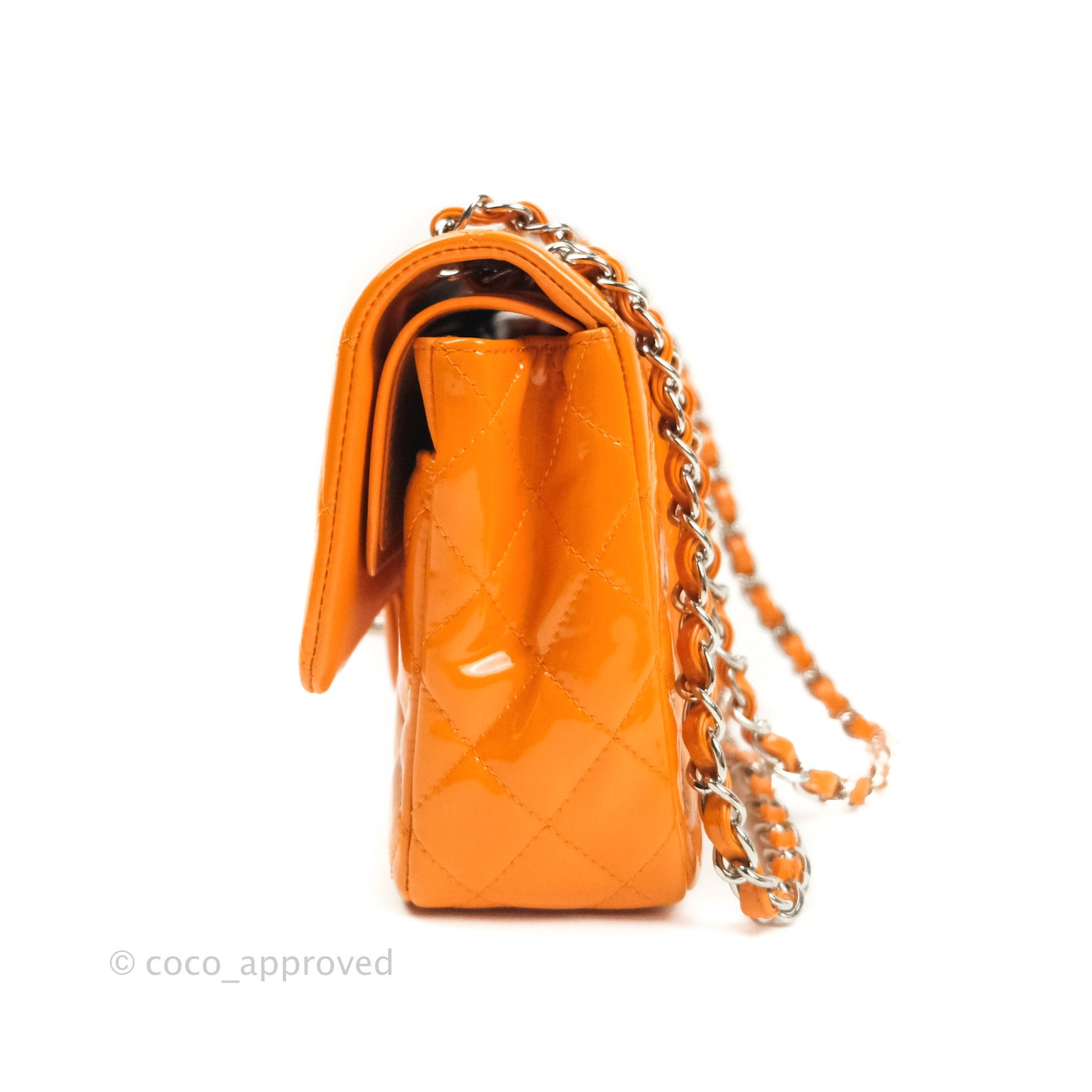Chanel Classic M/L Medium Double Flap Bag in Orange Patent Leather with Silver Hardware - Perfect for Evening Events & Luxury Fashion Accessories