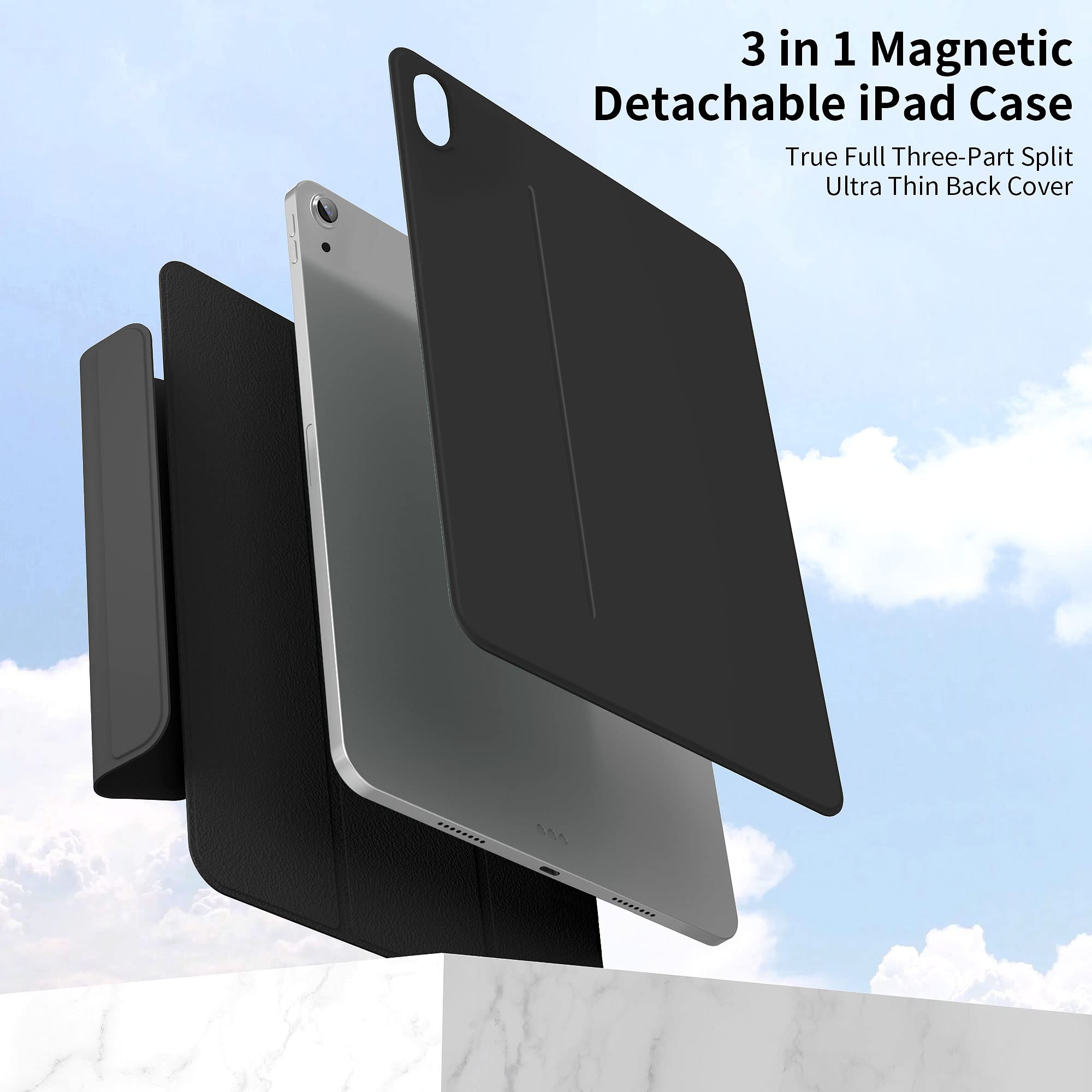 Kenke Hybrid Protective Case for iPad Air 5th Gen 2022 & iPad Air 4th Gen 2020 (10.9 Inch) - Magnetic Detachable Cover with Secure Clasp, Supports Apple Pencil 2 Charging, Auto Wake/Sleep - Perfect for Work, Travel & Home Use - Black