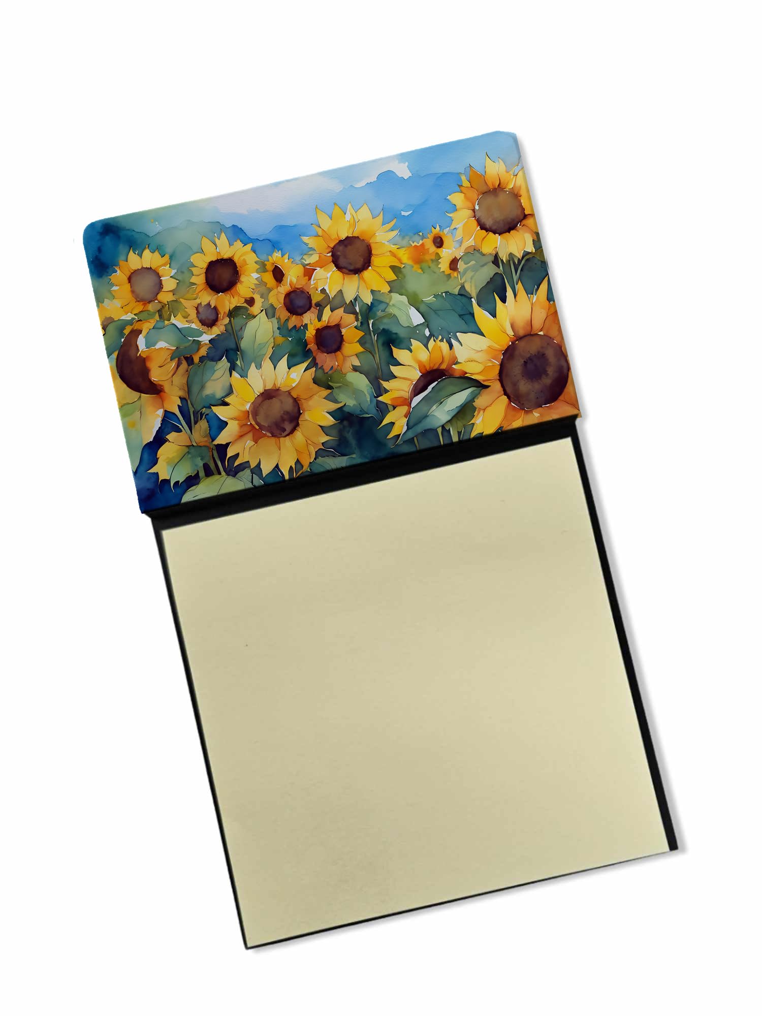 Refillable Sunflower Watercolor Sticky Note Holder with Self-Sticky Memo Pads - Beautiful Desk Organizer for Office, Home & School Use