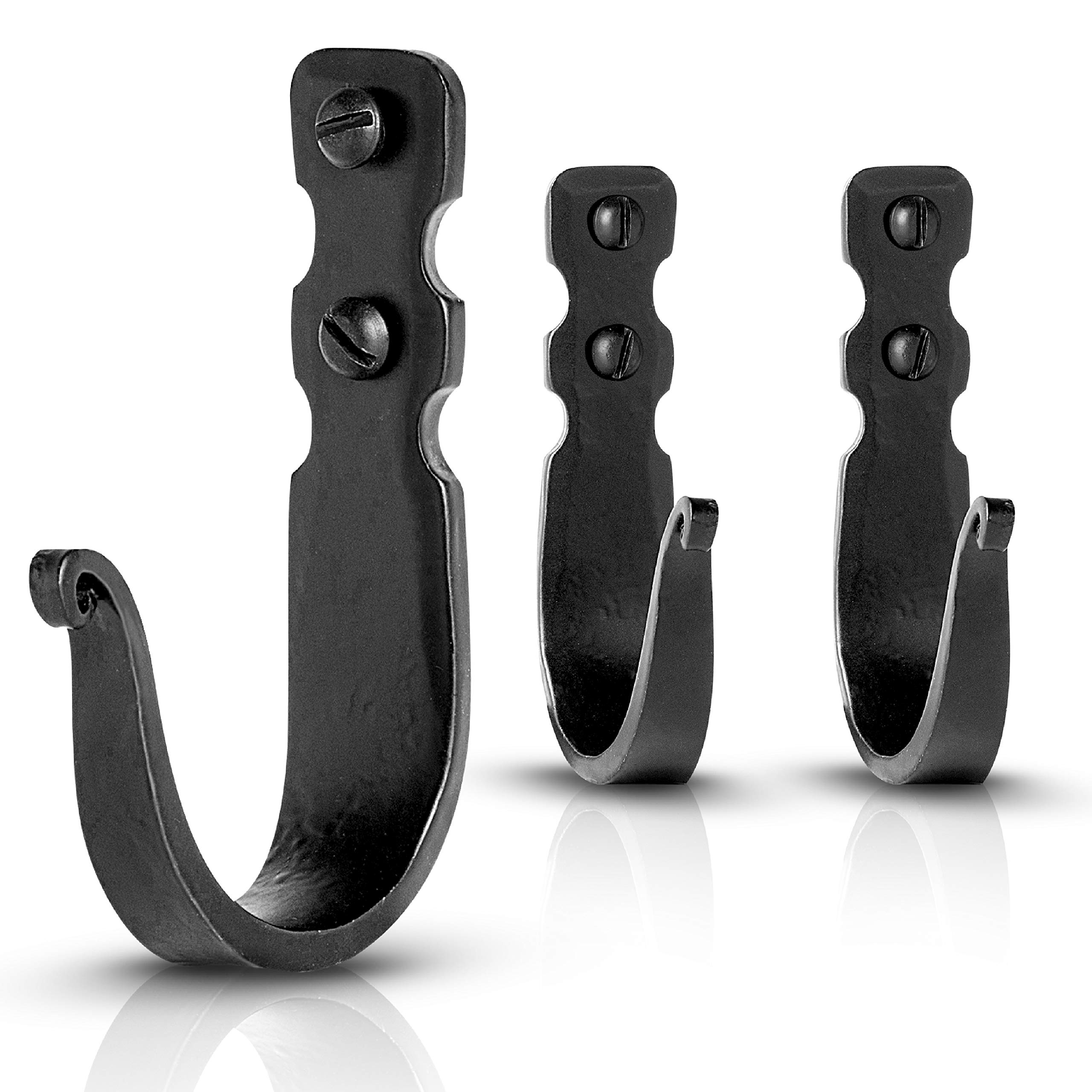 Rustic Wrought Iron Wall Hooks - Set of 3 Black Farmhouse Hooks for Hanging Coats, Hats, Bags & Towels - 3.3 x 2 x 0.8 Inches - Perfect for Entryway, Bathroom & Kitchen Organization