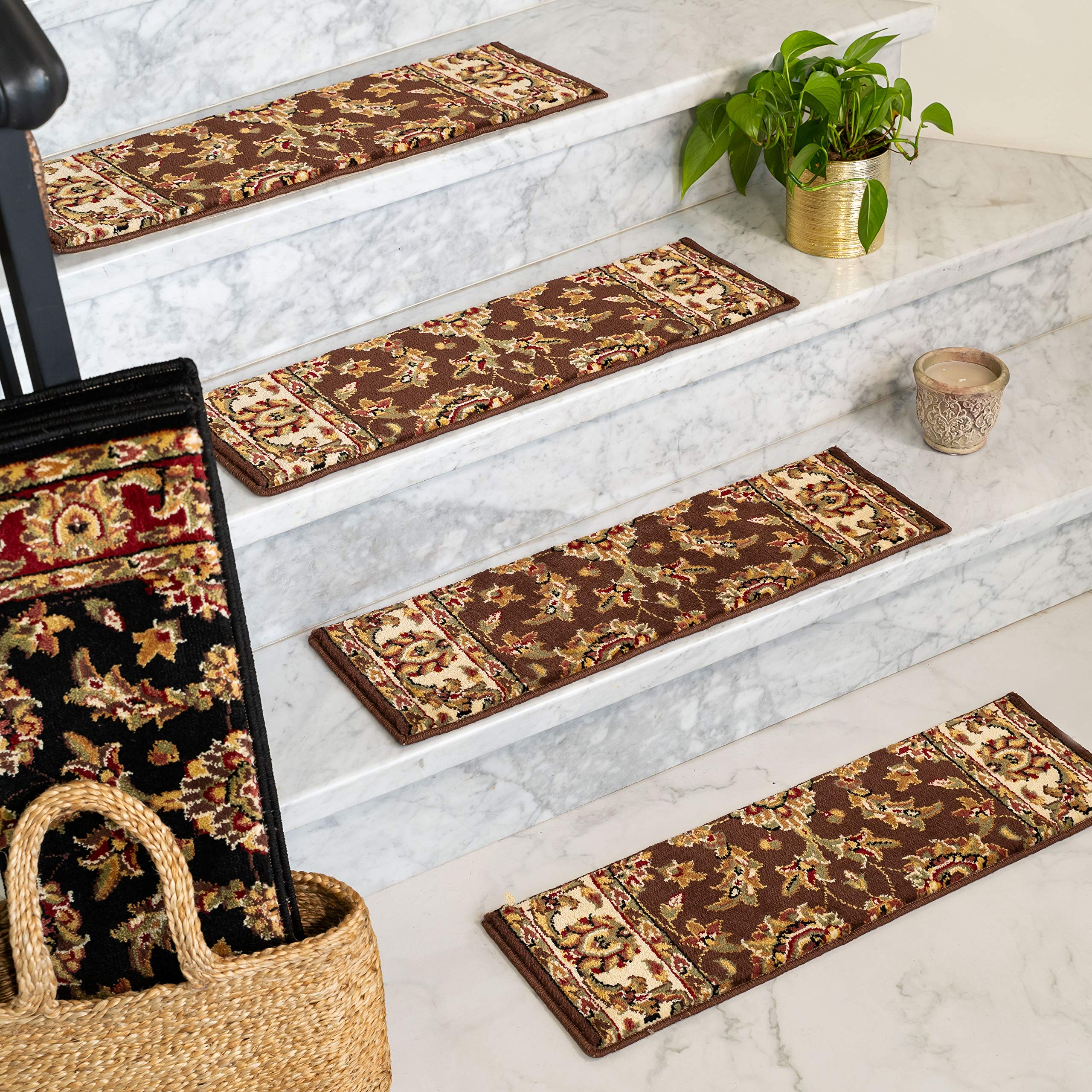 Premium Natural Persian Carpet Stair Treads - Sydney Collection Soft Durable Stylish Chocolate 9x29 Inch (13 Treads) for Home Staircase Decor & Safety