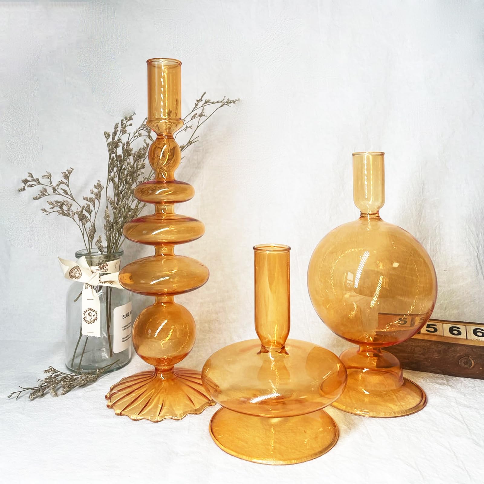Modern Glass Taper Candle Holders - Elegant Table Centerpiece for Weddings, Dinner Parties & Home Decor - Orange Candlestick Stands for Romantic Ambiance & Holiday Celebrations