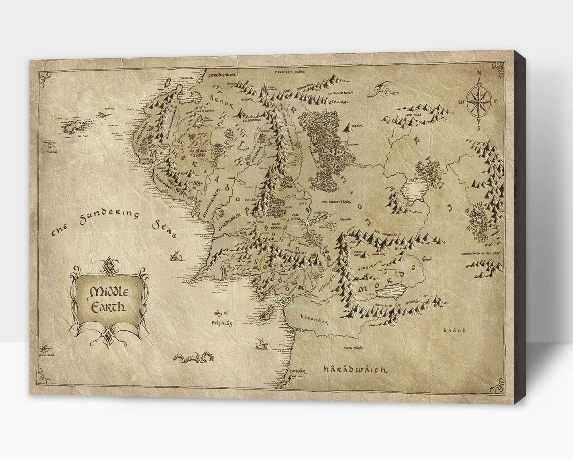 Middle Earth Map Wall Art - Framed Canvas Print Poster 28x40 Inch | Lord of the Rings Inspired Decor for Living Room, Bedroom & Office | Fantasy Themed Home & Gift Idea for Tolkien Fans