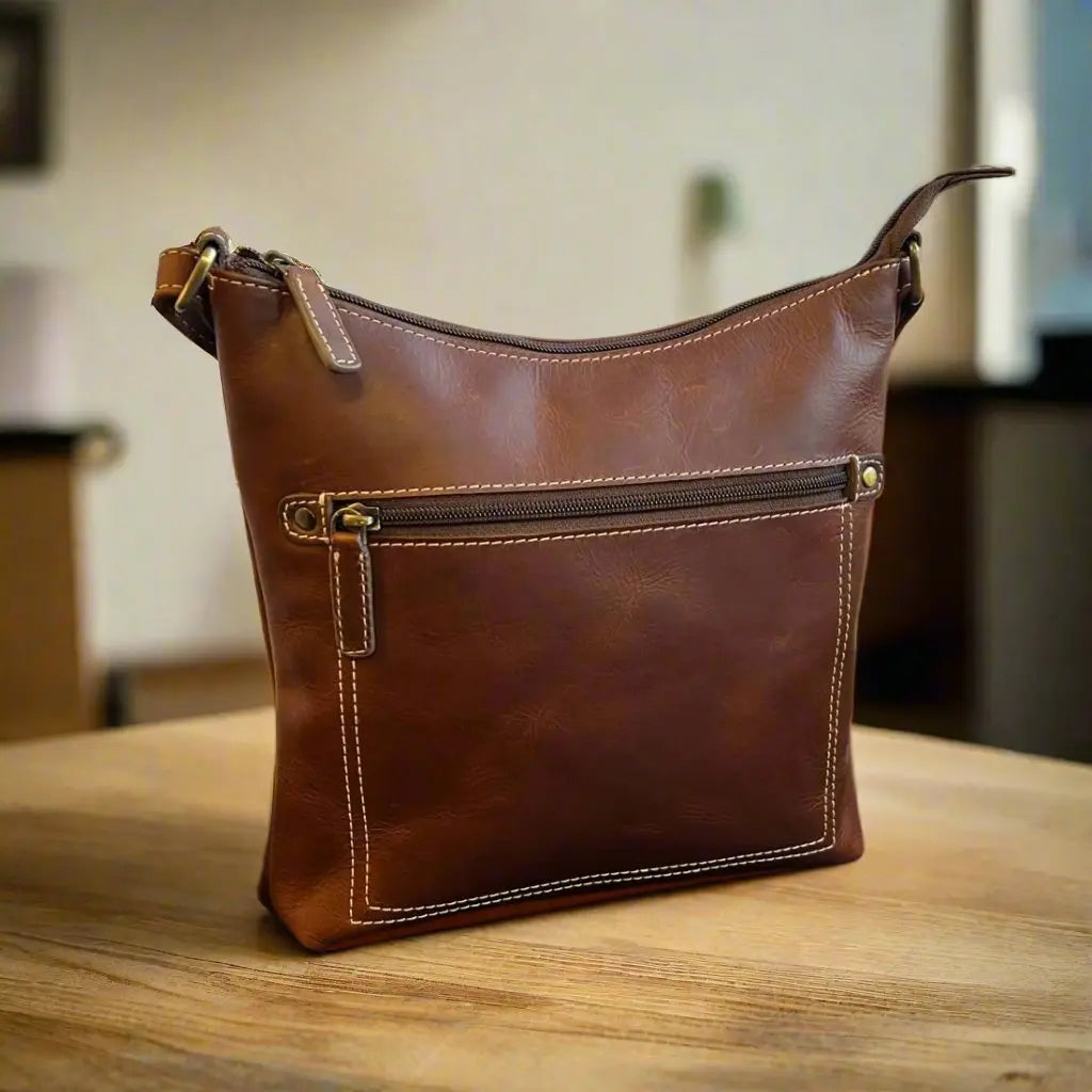 Durable Full Grain Leather Small Crossbody Bag with Front Zipper - Perfect for Travel, Shopping & Everyday Use