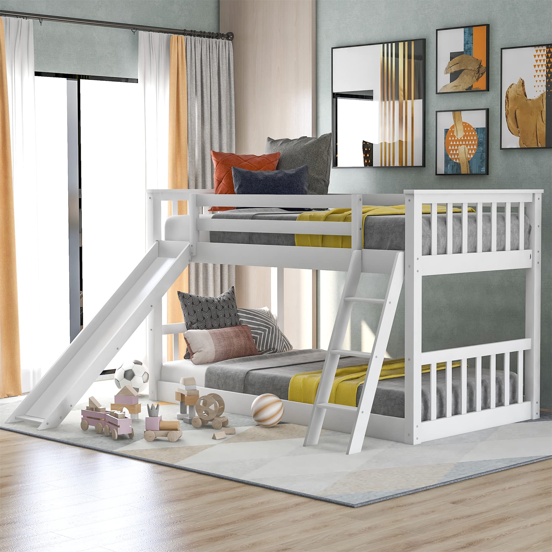 Harper & Bright Solid Wood Twin Over Twin Low Bunk Bed with Slide & Angled Ladders - Kids Bunk Bed for Toddlers to Teens (White) - Perfect for Small Bedrooms, Shared Kids Rooms & Sleepovers