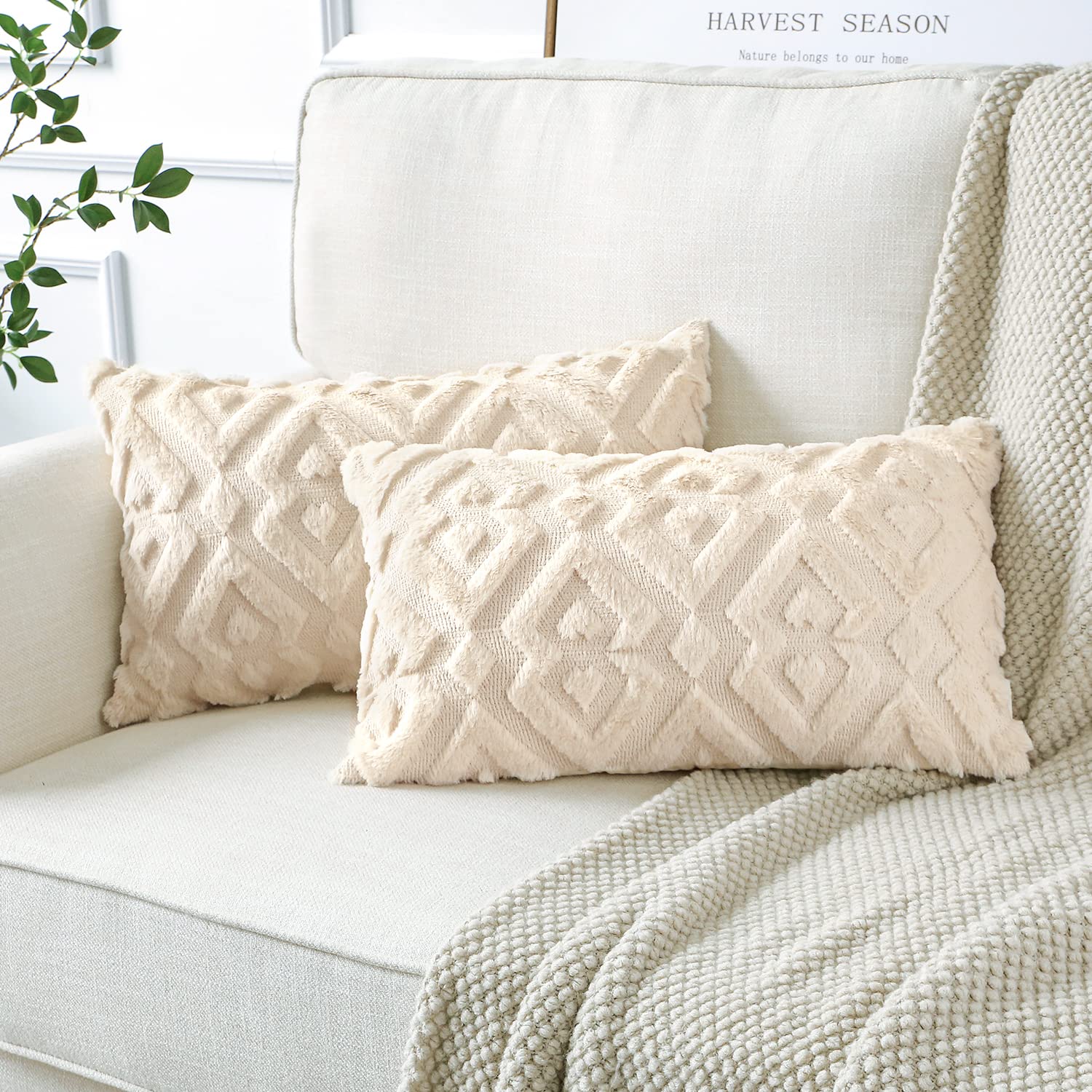 Luxury Soft Plush Short Wool Velvet Decorative Throw Pillow Covers - Pack of 2, Diamond Shape Cream Beige (12x20 Inch) - European Style Cushion Covers for Sofa, Bedroom, Living Room Decor