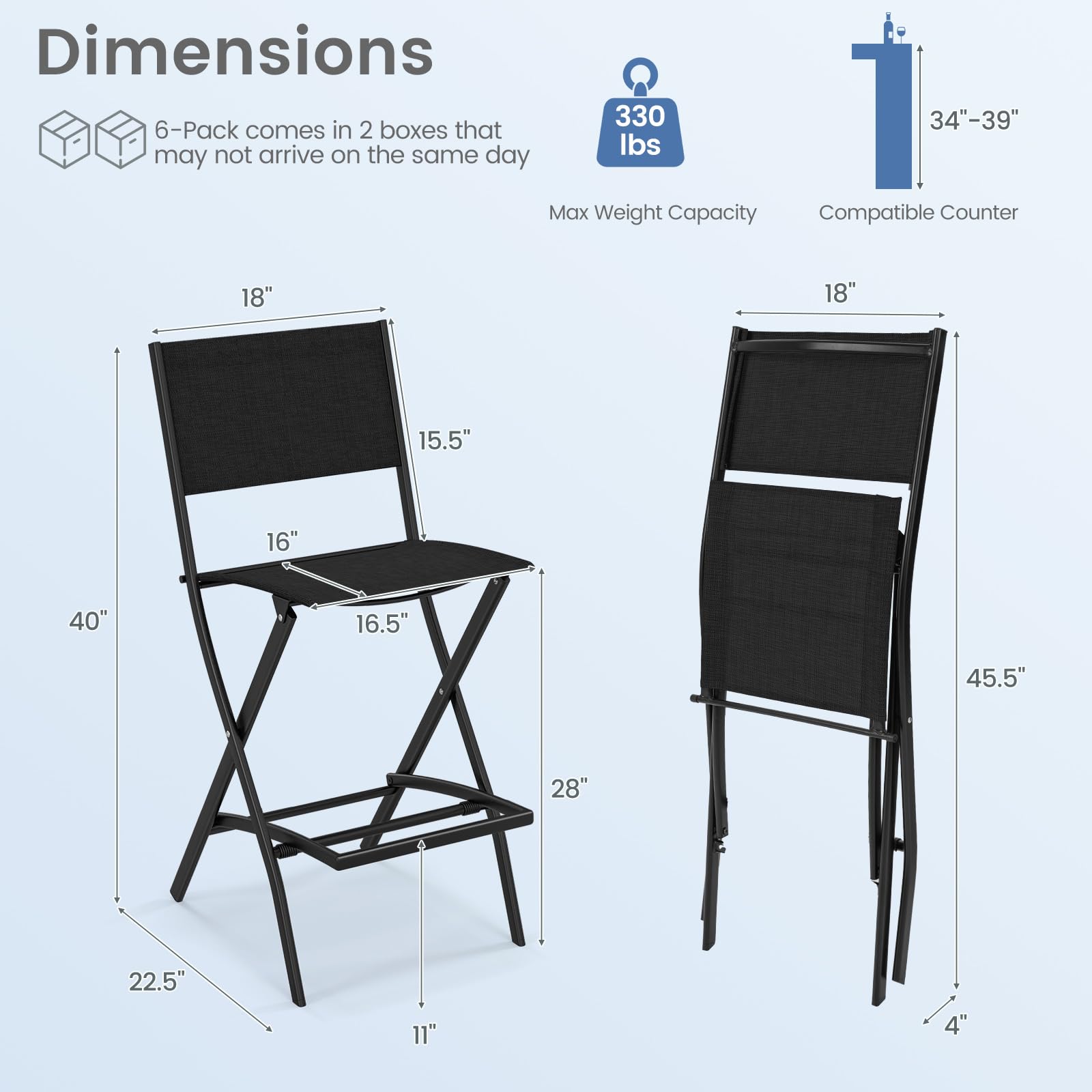 **Tangkula 2-Pack Outdoor Bar Stools - Counter Height Folding Bar Chairs with Backrest & Footrest, Heavy-Duty Metal Frame & Breathable Fabric - Perfect for Patio, Deck, Garden, or Indoor Dining (Black)**