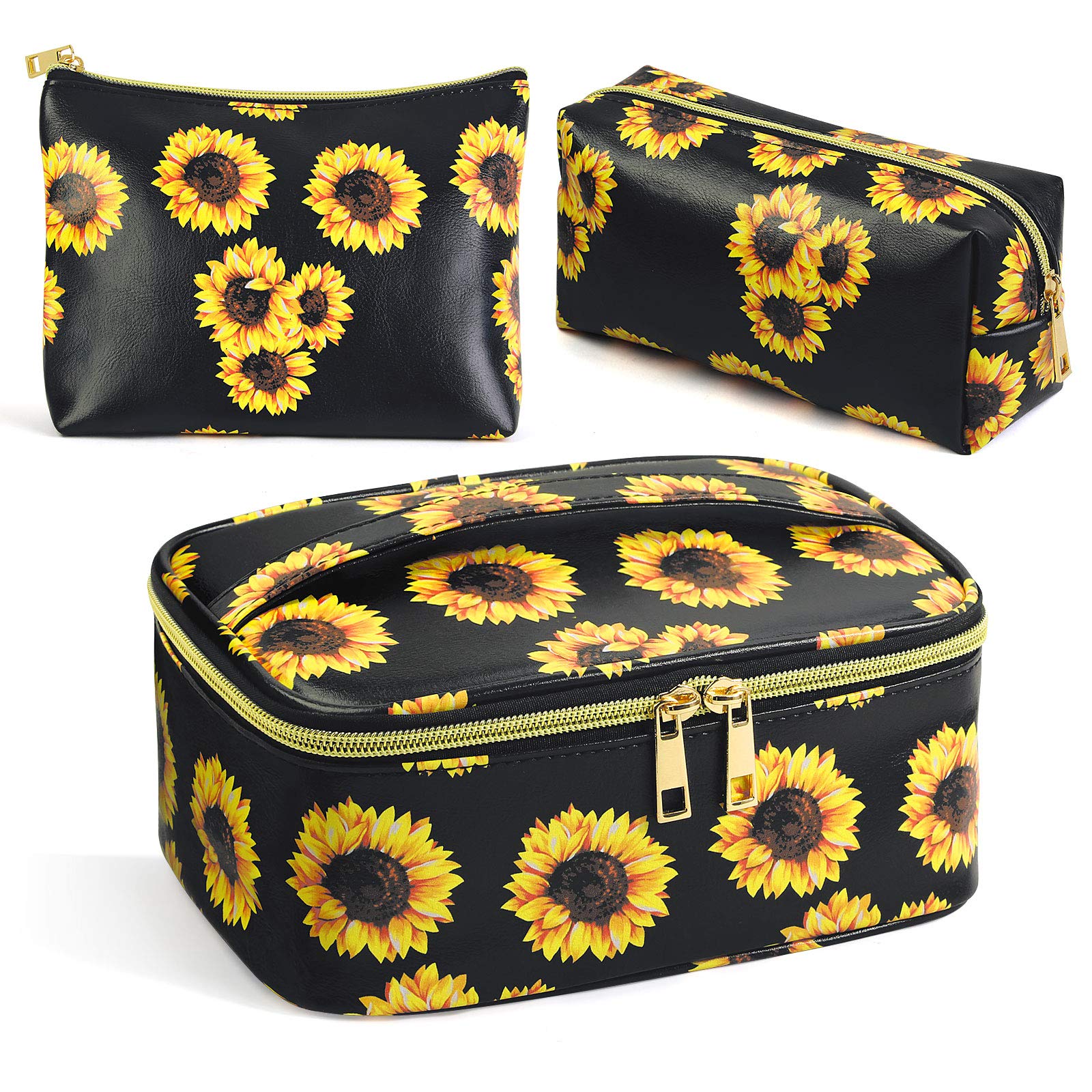 MAGEFY 3Pcs Waterproof Makeup Bags for Women Travel - Portable Cosmetic Organizer with Gold Zipper - Cute Toiletry Bags for Purse (Sunflower Black) - Perfect for Travel, Gym & Daily Beauty Essentials Storage