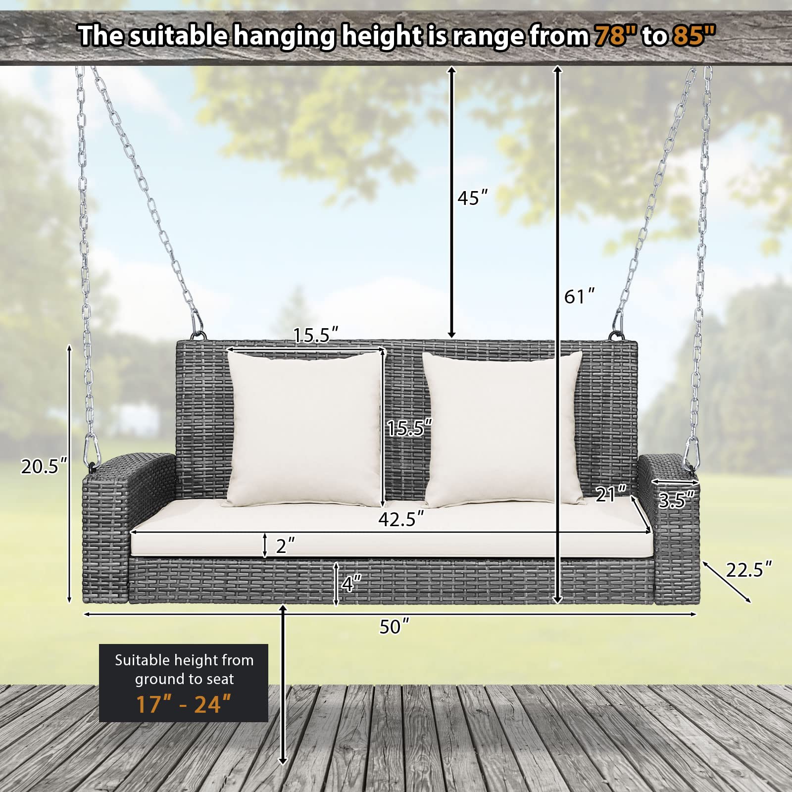Tangkula 2-Person Wicker Hanging Porch Swing with Cushions - 800LB Capacity Outdoor Rattan Swing Chair with Rustproof Steel Chains - Perfect for Patio, Garden, Balcony & Backyard Relaxation